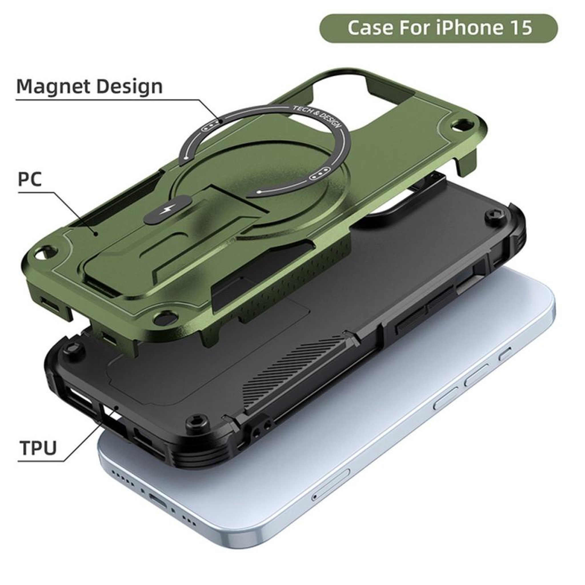 Voir la diapositive 3 : Coque antichoc 360° avec support kickstand MagSafe pour iPhone 15, verte