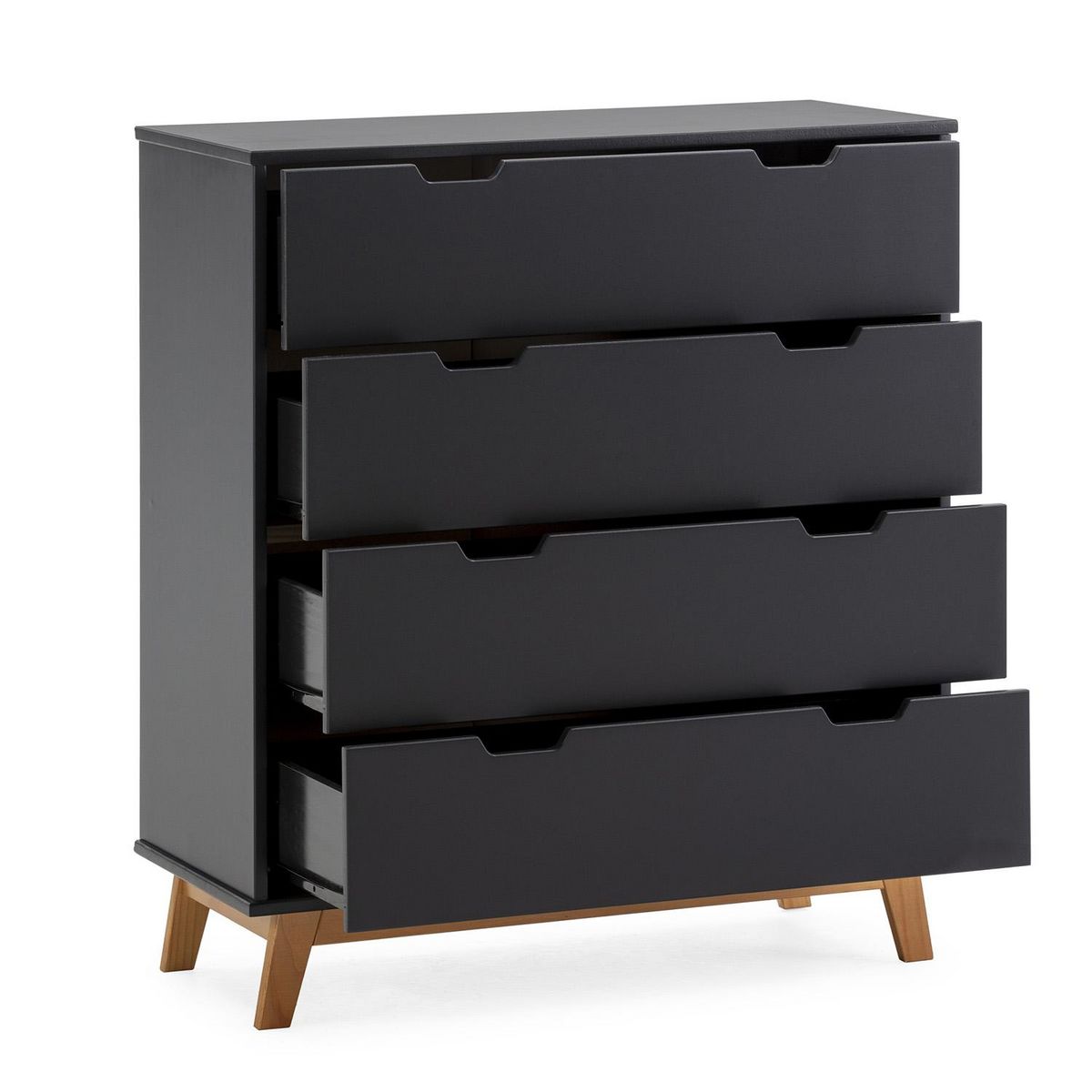 VS VENTA-STOCK Commode Miranda avec 4 tirois en Couleur Anthracite, Pieds en Bois Naturel