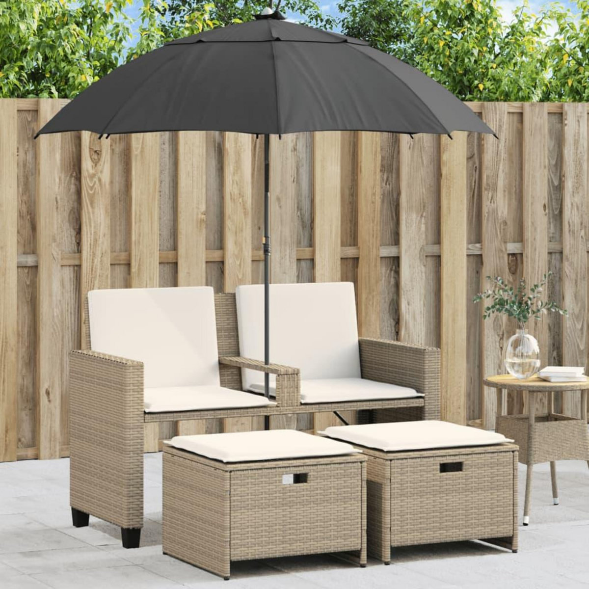 VIDAXL Canape de jardin 2 places avec parasol et tabourets beige rotin