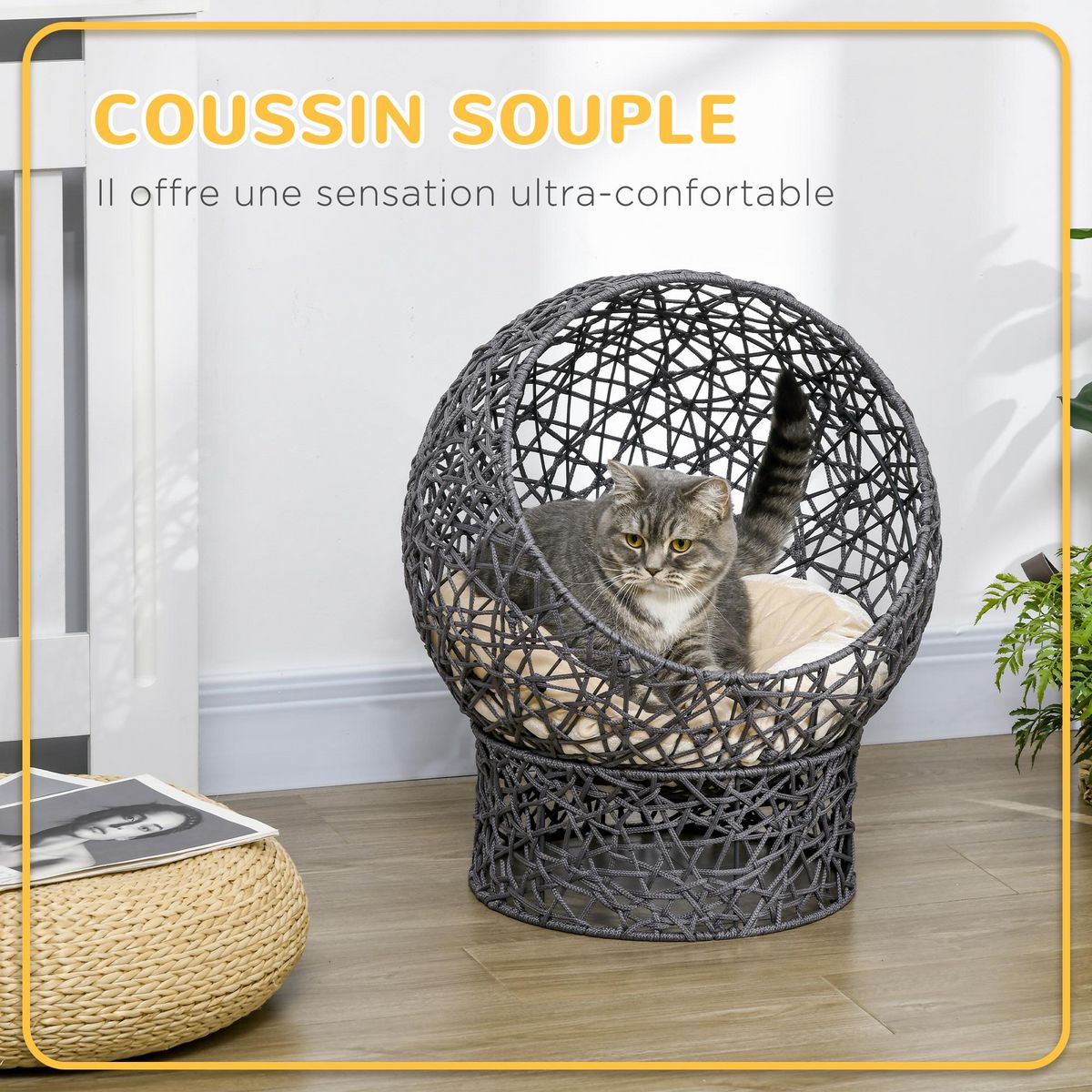 PAWHUT Panier tressé chat gris apia lit chat cosy grand confort dia. 50 x H.60 cm coussin moelleux beige inclus