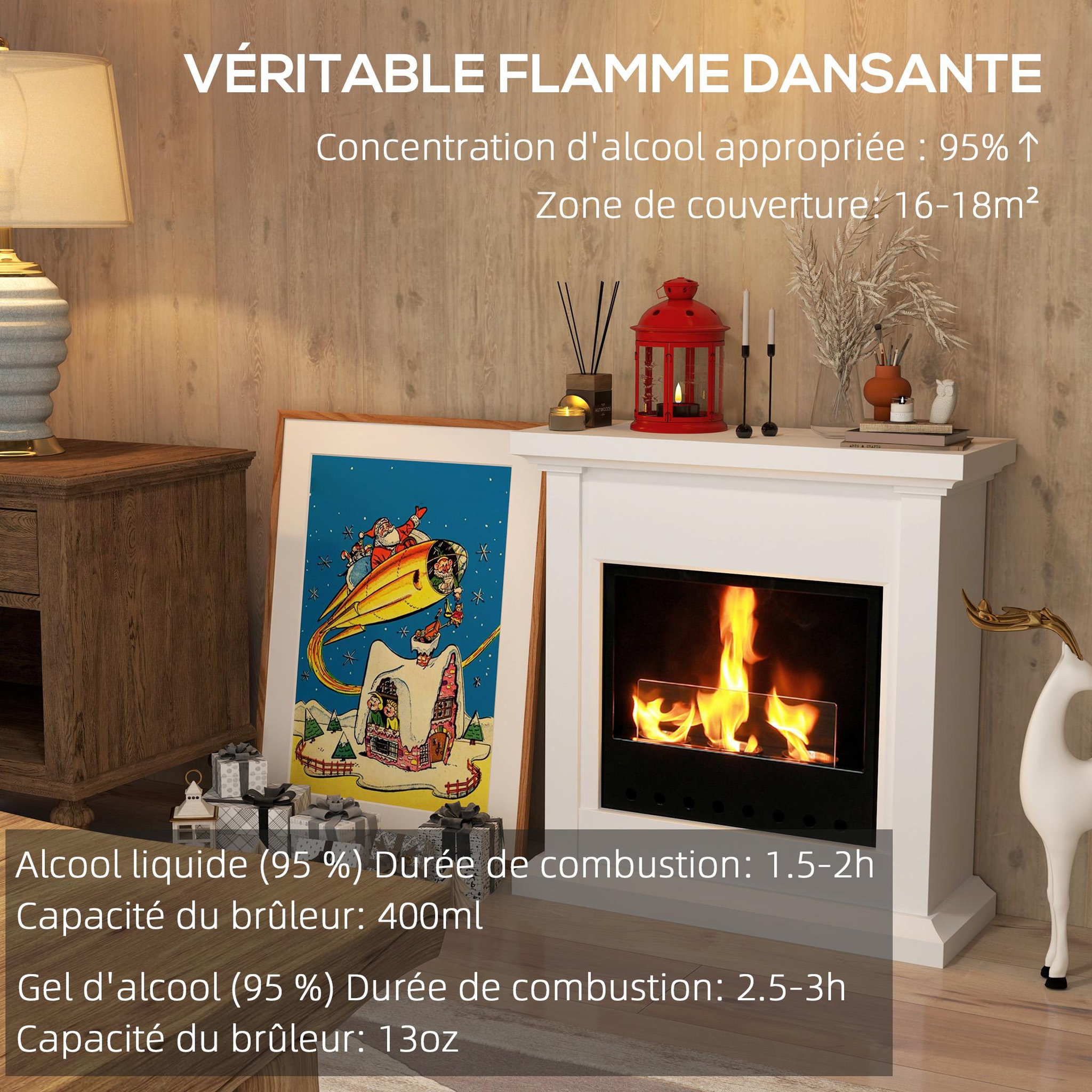 Voir la diapositive 4 : HOMCOM Cheminée bioéthanol - brûleur 400ml, combustion 3h, couverture 16-18 m² - verre trempé protection - blanc