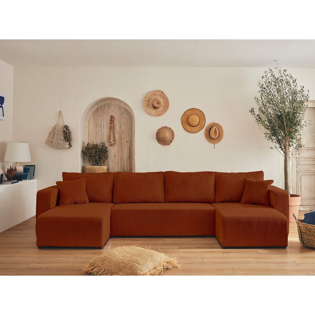 BEST MOBILIER Topaze - canapé panoramique en u - 7 places - convertible avec coffre - en velours côtelé