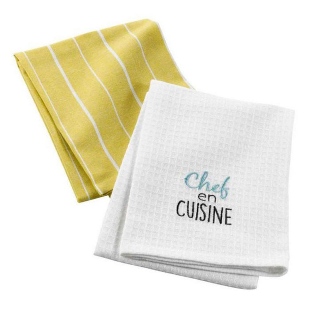 Paris Prix Lot de 2 Torchons Brodés  Chef en Cuisine  50x70cm Jaune