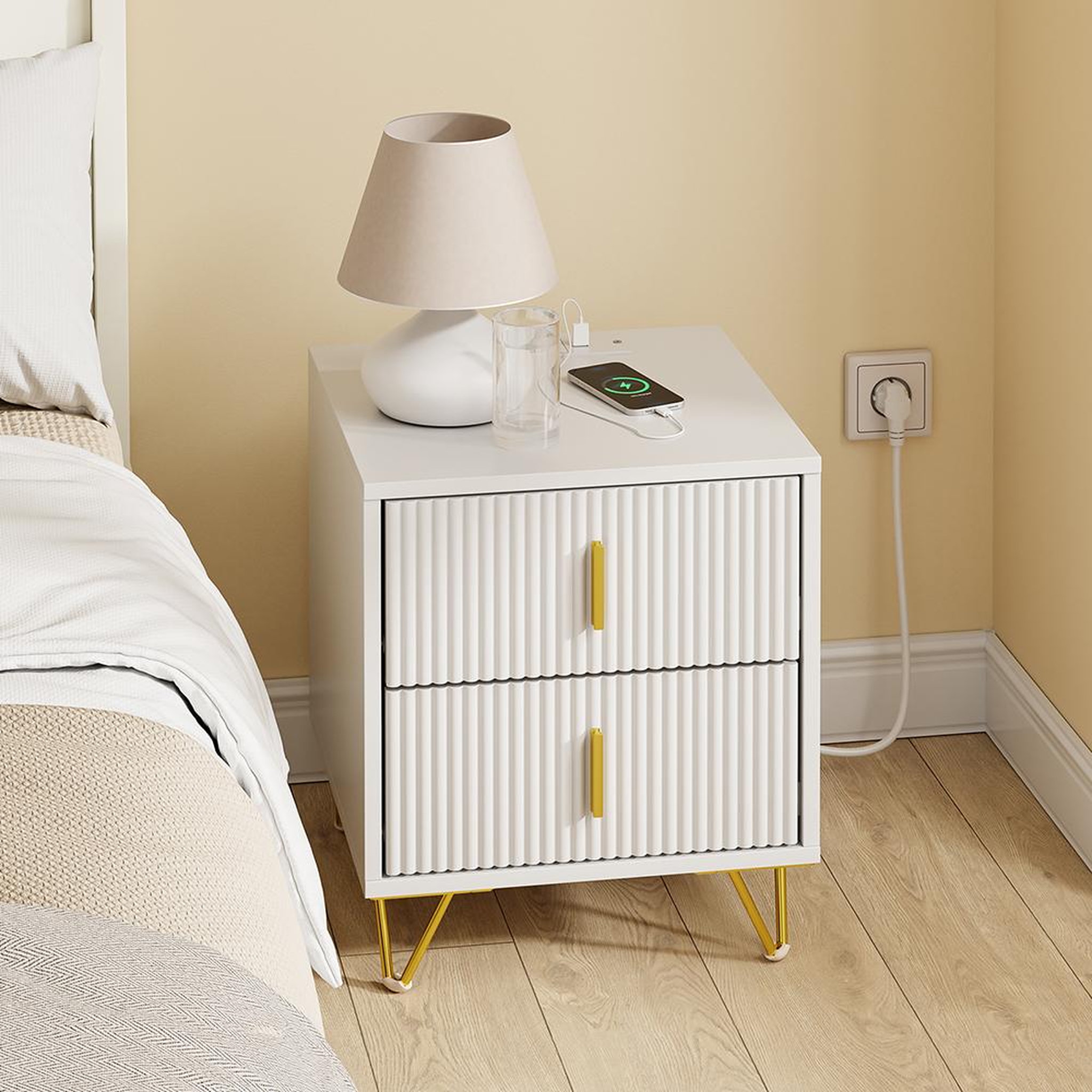Voir la diapositive 2 : SOBUY Chevet avec 2 tiroirs blanc 40x36x47 cm FBT115-E-W
