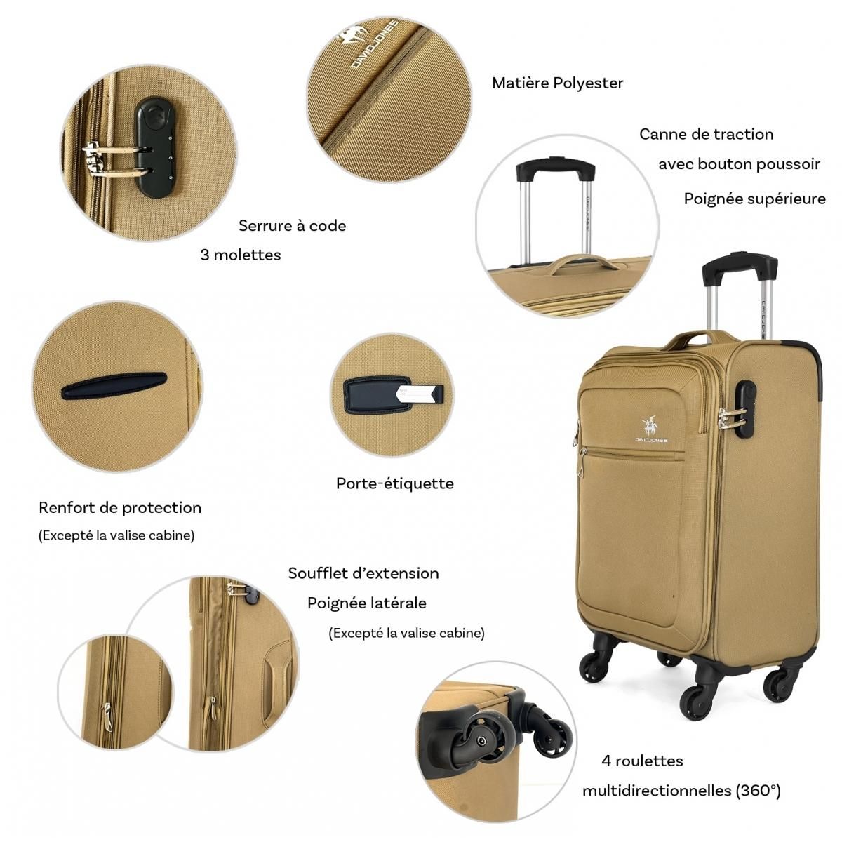 David Jones Lot de 3 valises souples dont 1 cabine