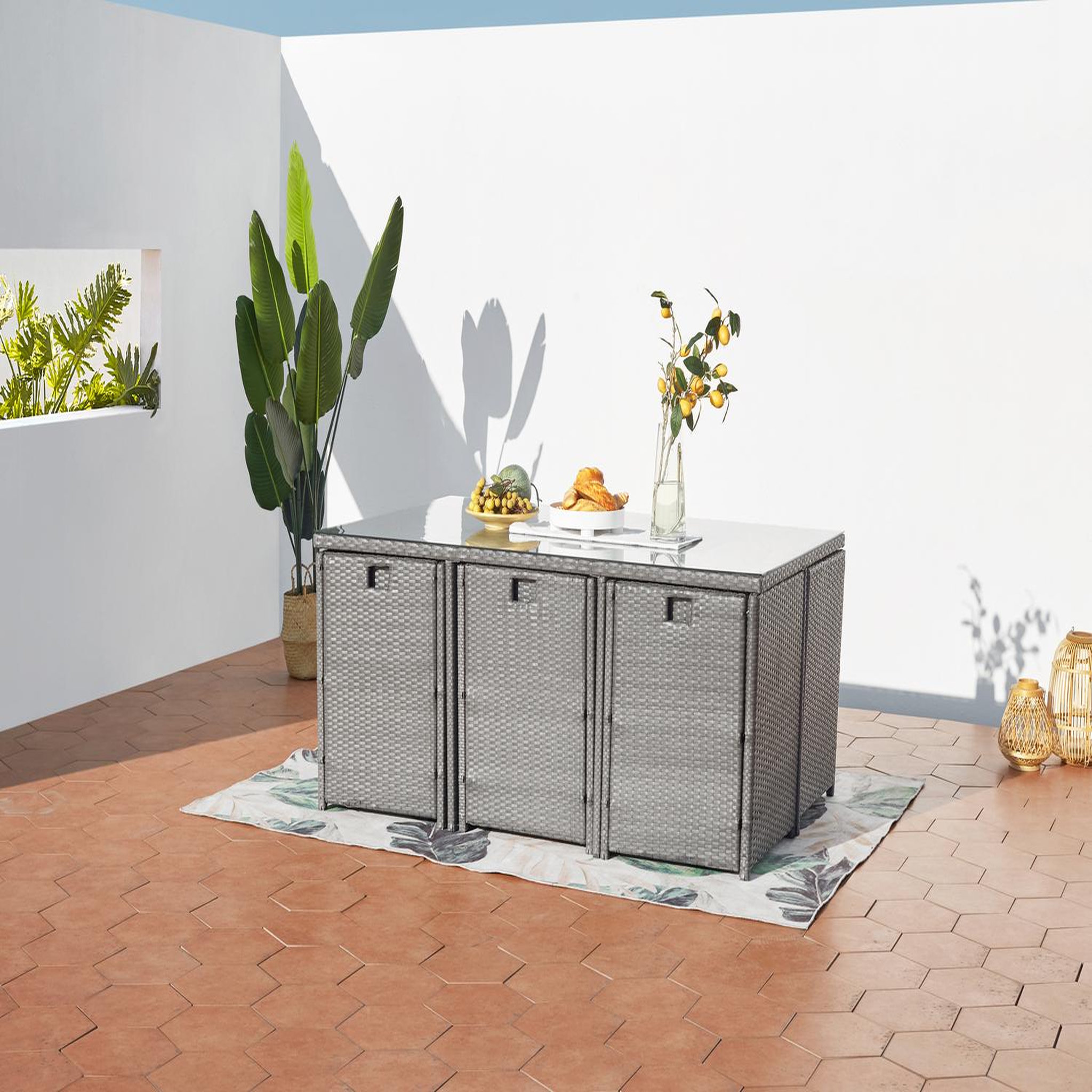 Voir la diapositive 3 : CONCEPT USINE Table et chaises 10 places encastrables résine gris-blanc MIAMI