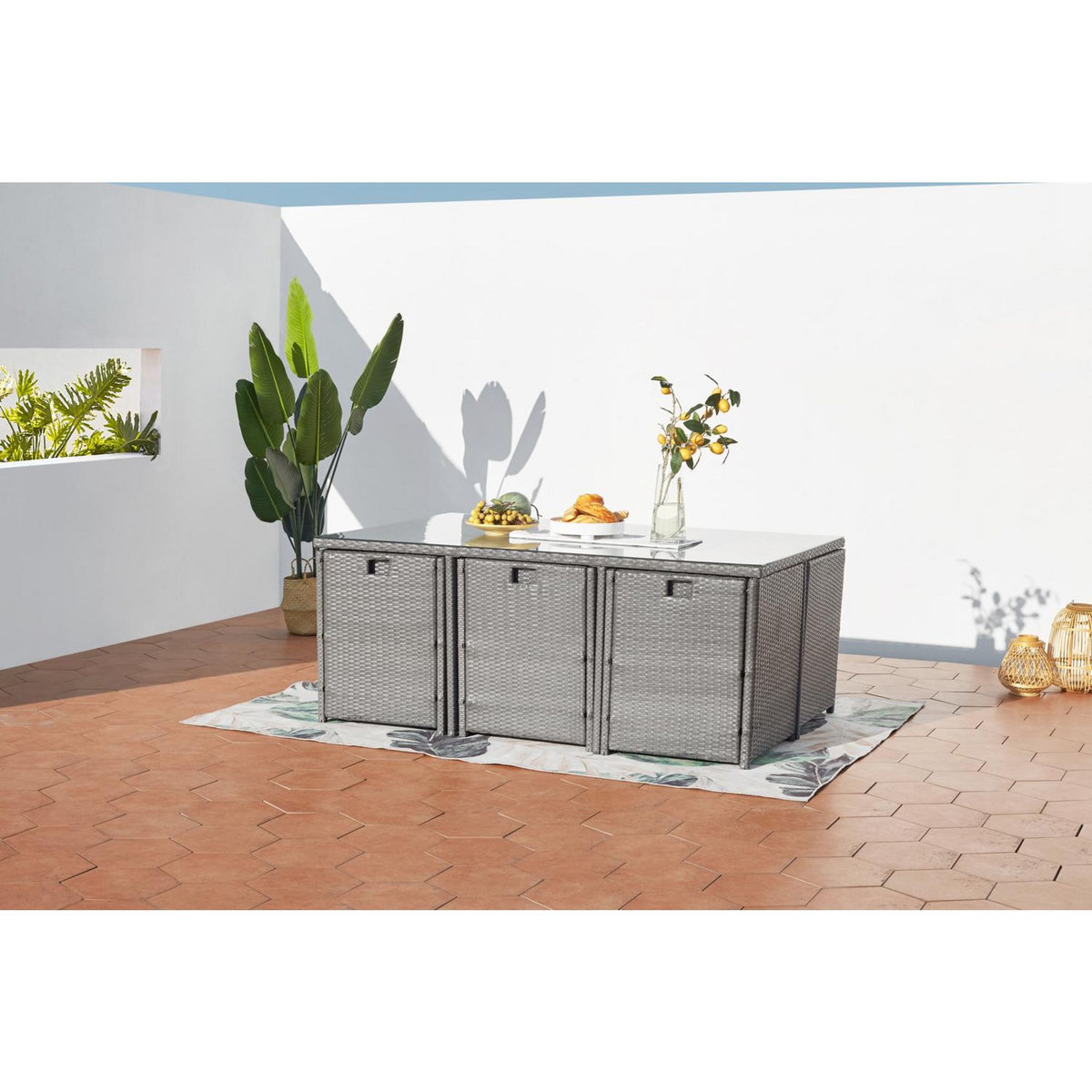 CONCEPT USINE Table et chaises 10 places encastrables résine gris-blanc MIAMI