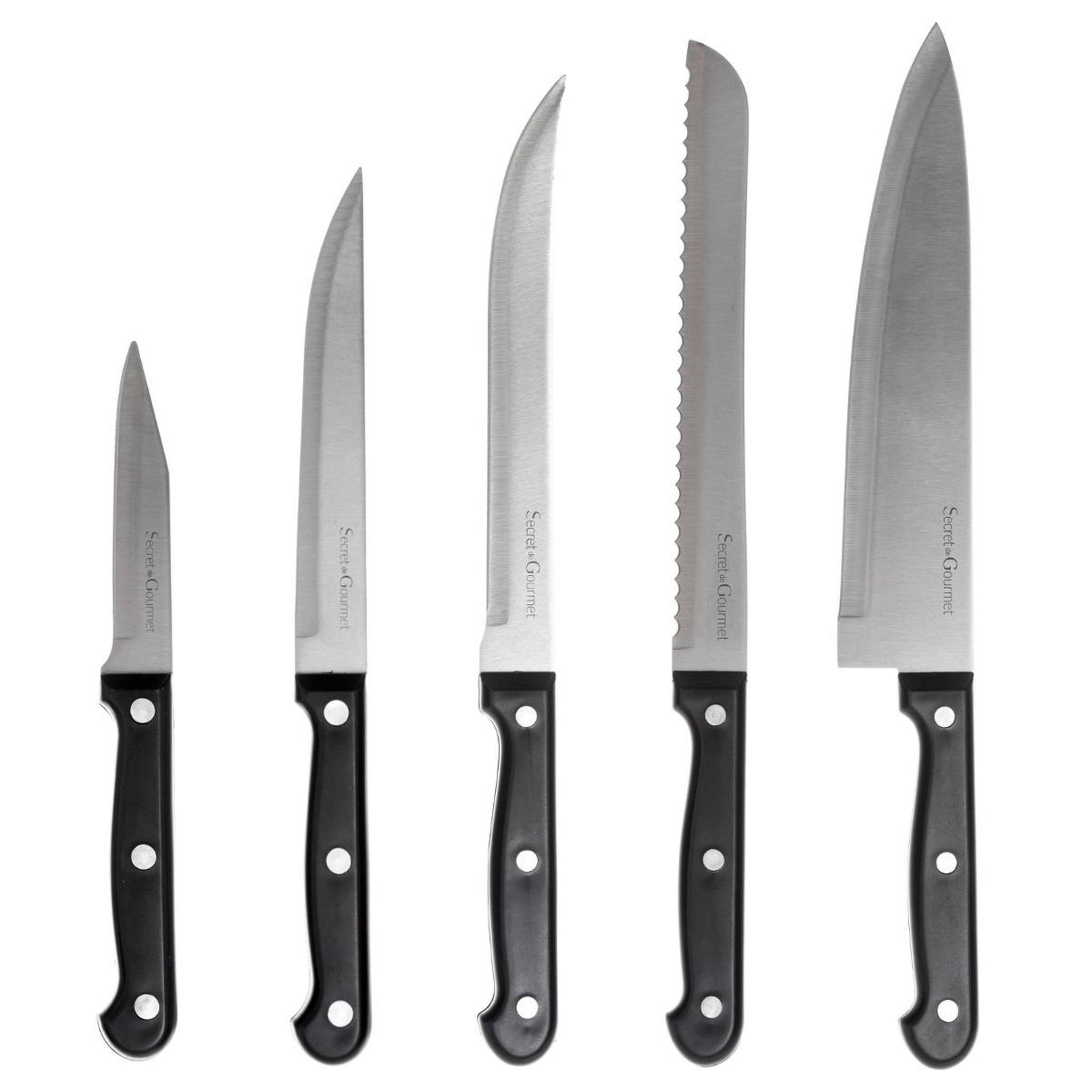 Voir la diapositive 3 : SECRET DE GOURMET Bloc de 11 couteaux, aiguiseur et ciseaux avec support en bois