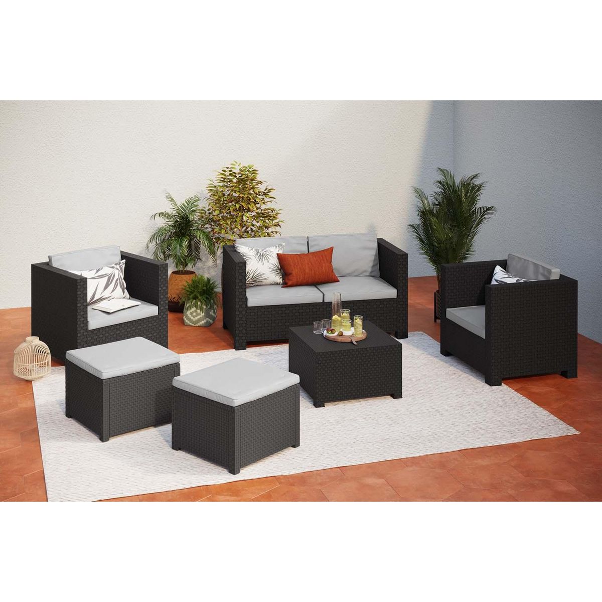 CONCEPT USINE Salon de jardin 6 places effet résine tressée gris ANKARA