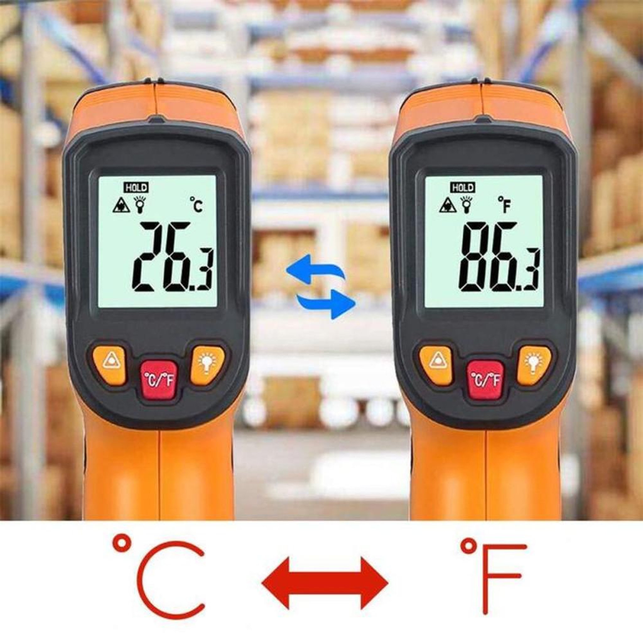 Voir la diapositive 2 : Thermomètre infrarouge laser numérique non contact orange et noir plage -50 à 600 °C, écran LCD rétroéclairé, viseur laser, 12:1, temps de réponse <500 ms