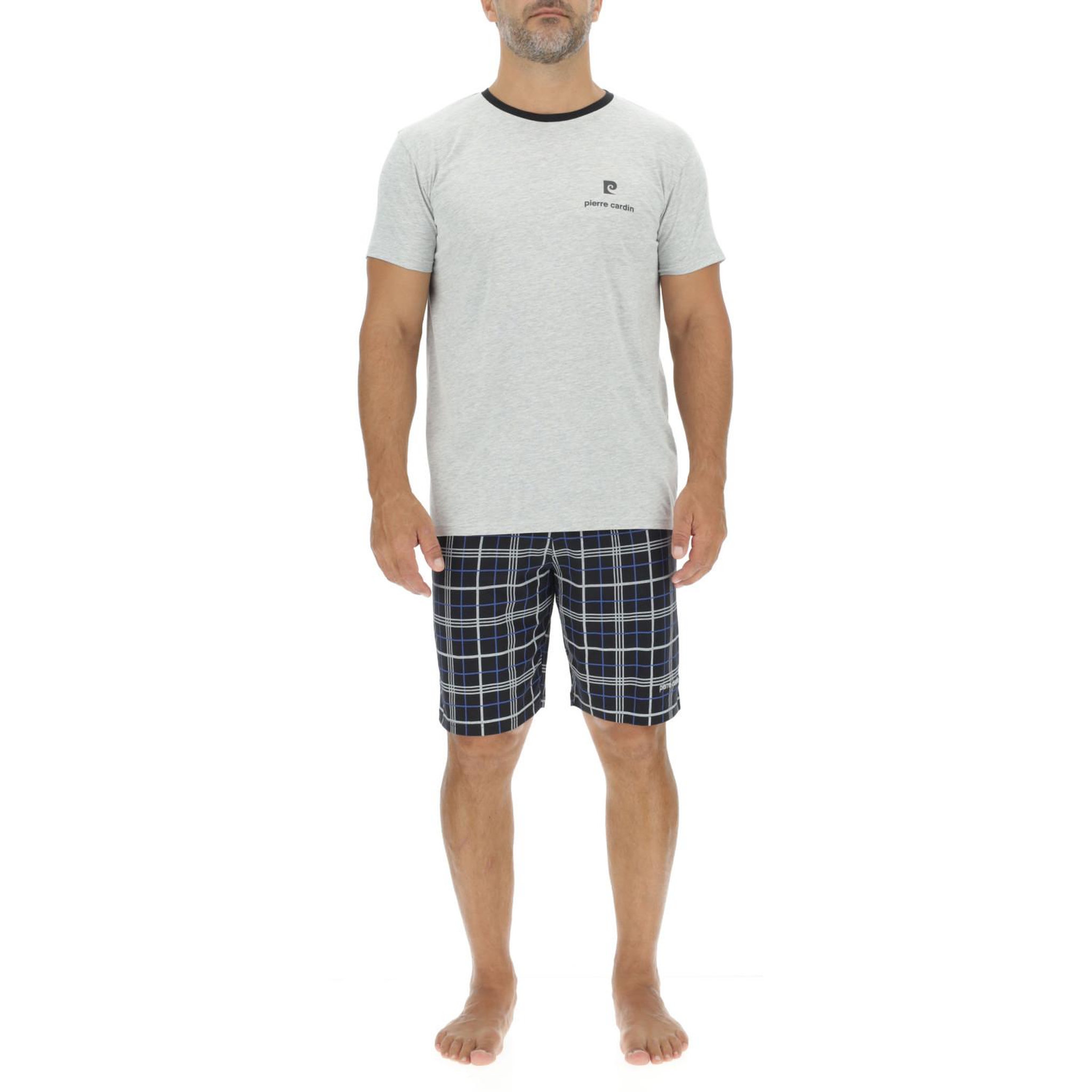 Voir la diapositive 1 : PIERRE CARDIN Ensemble pyjama court homme en coton à carreaux et logo poitrine