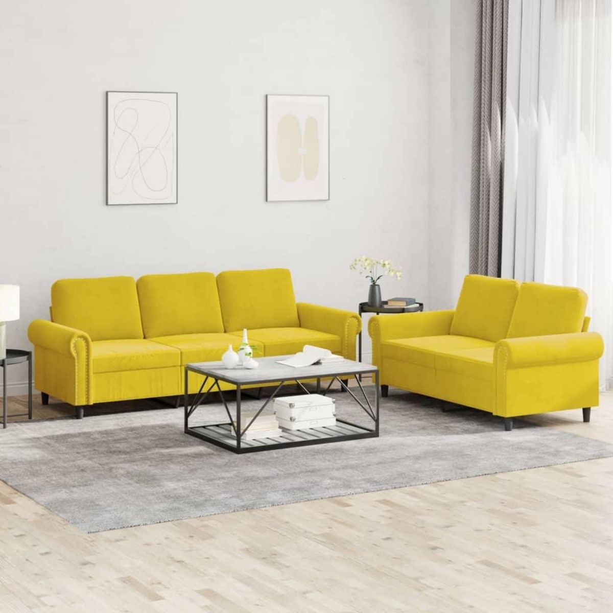 VIDAXL Ensemble de canapes 2 pcs avec coussins Jaune Velours