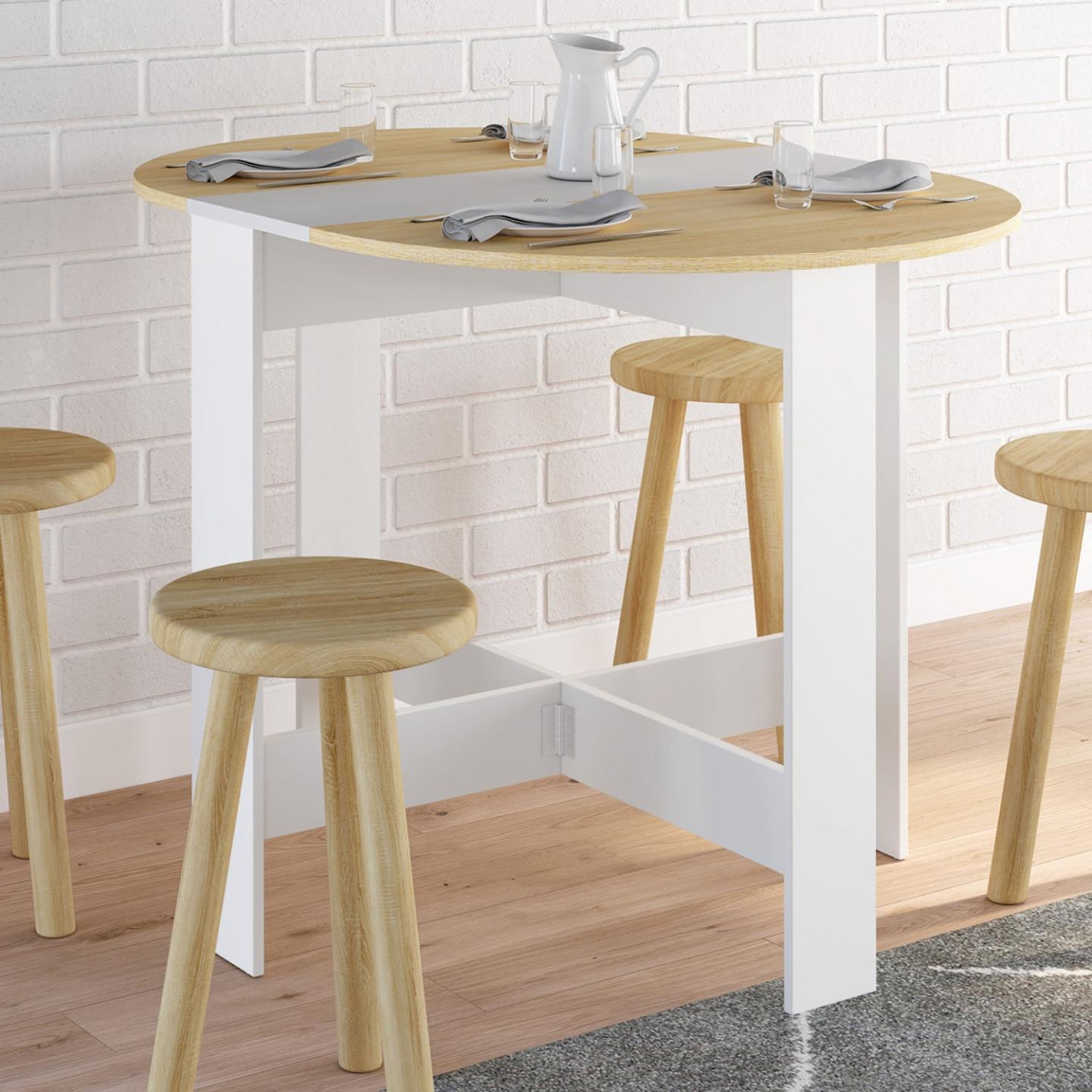 Voir la diapositive 5 : ID MARKET Table console pliable ronde edi 2-4 personnes bois blanc plateau façon hêtre 103 x 76 cm