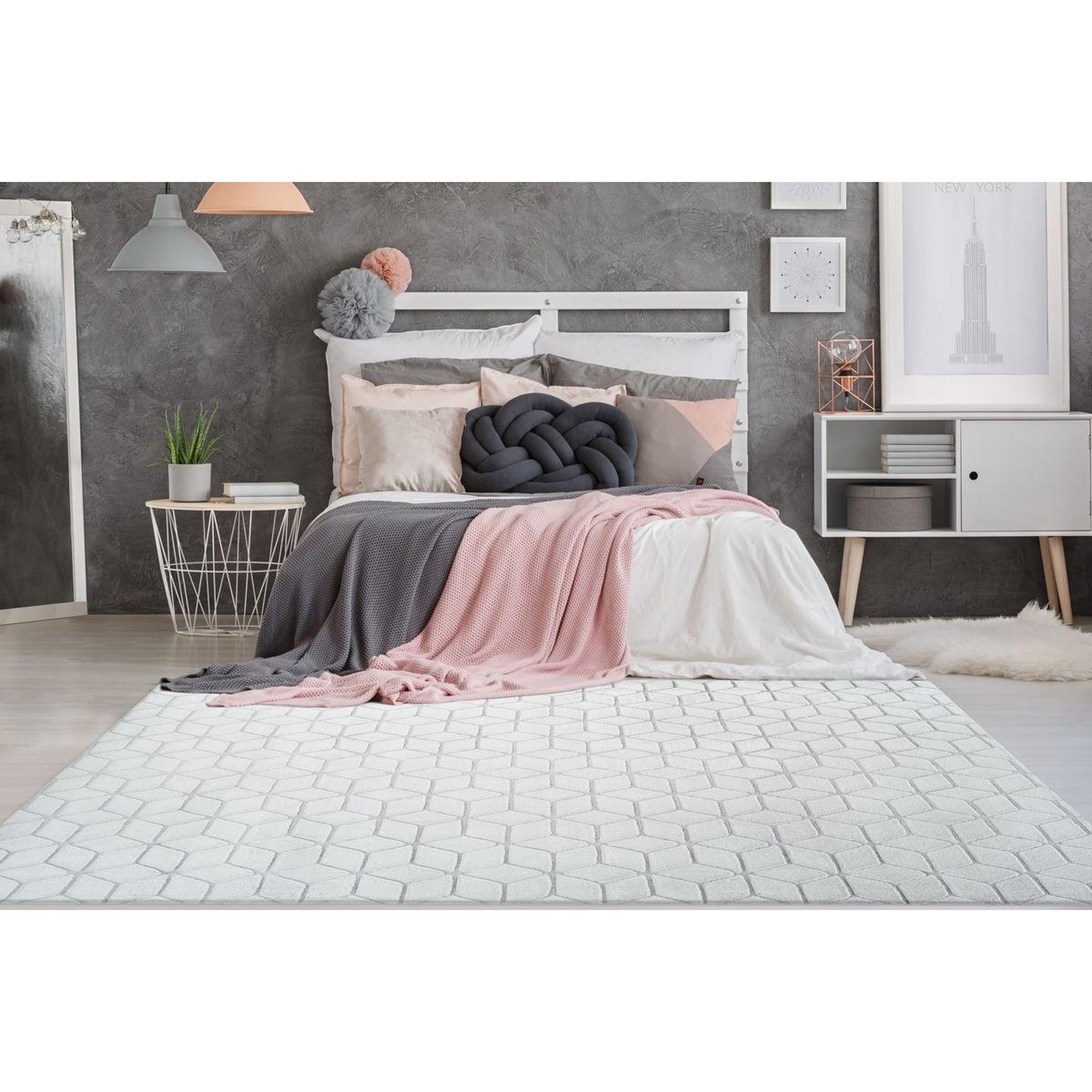 Voir la diapositive 2 : Paris Prix Tapis Shaggy Effet 3D  Vivica  Blanc & Bleu Gris