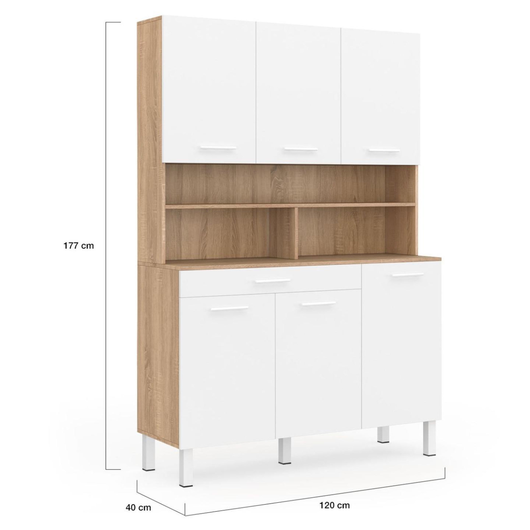 Voir la diapositive 5 : ID MARKET Buffet de cuisine 120 cm cina 6 portes + tiroir façon hêtre et blanc