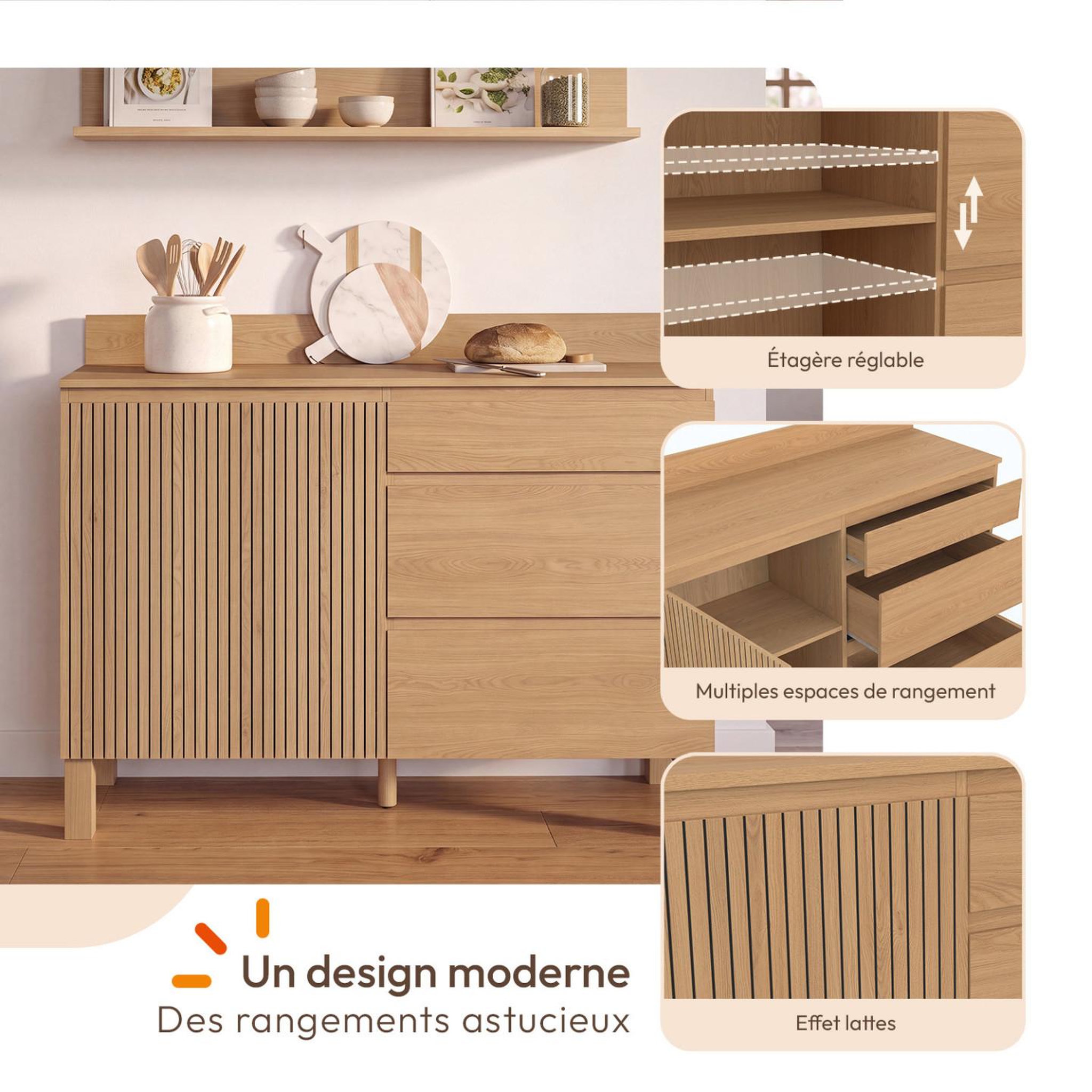 Voir la diapositive 3 : ID MARKET Buffet bas casserolier de cuisine 120 cm JULIETTE plan de travail H.83 cm 1 porte + 3 tiroirs effet lattes tasseau bois