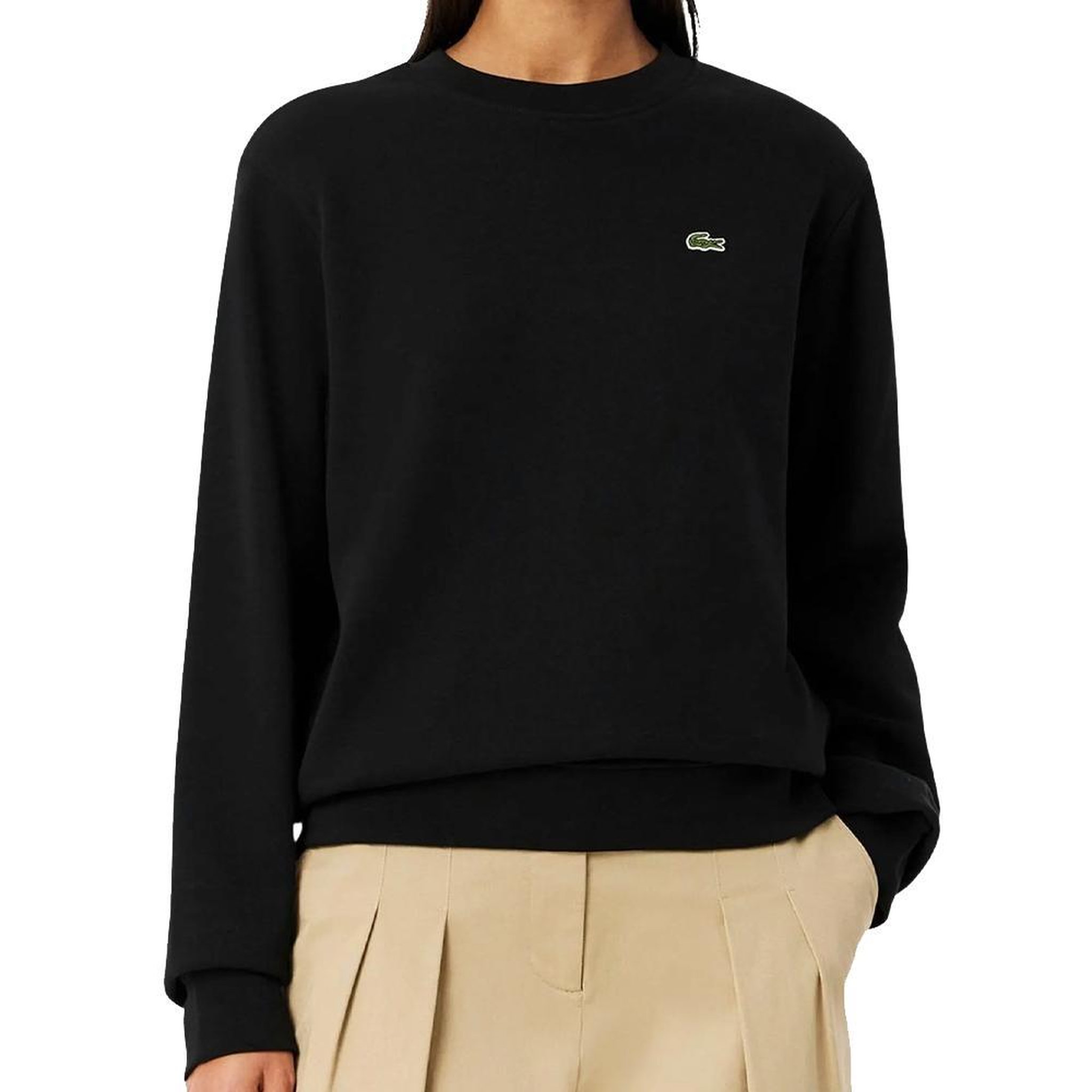 Lacoste Sweat  Femme Lacoste Relaxed Fit Fleece Crew Neck. Coloris disponibles : Noir
