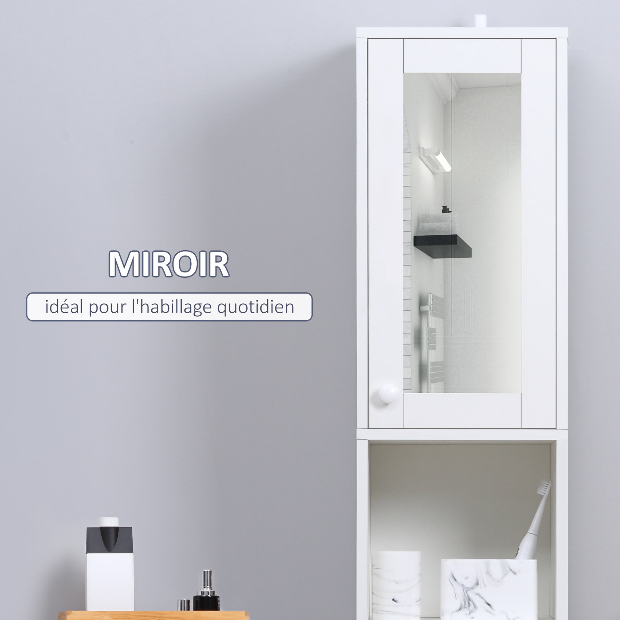 Voir la diapositive 4 : KLEANKIN Meuble colonne de salle de bain 2 portes avec étagères réglables 2 niches miroir panneaux particules blanc