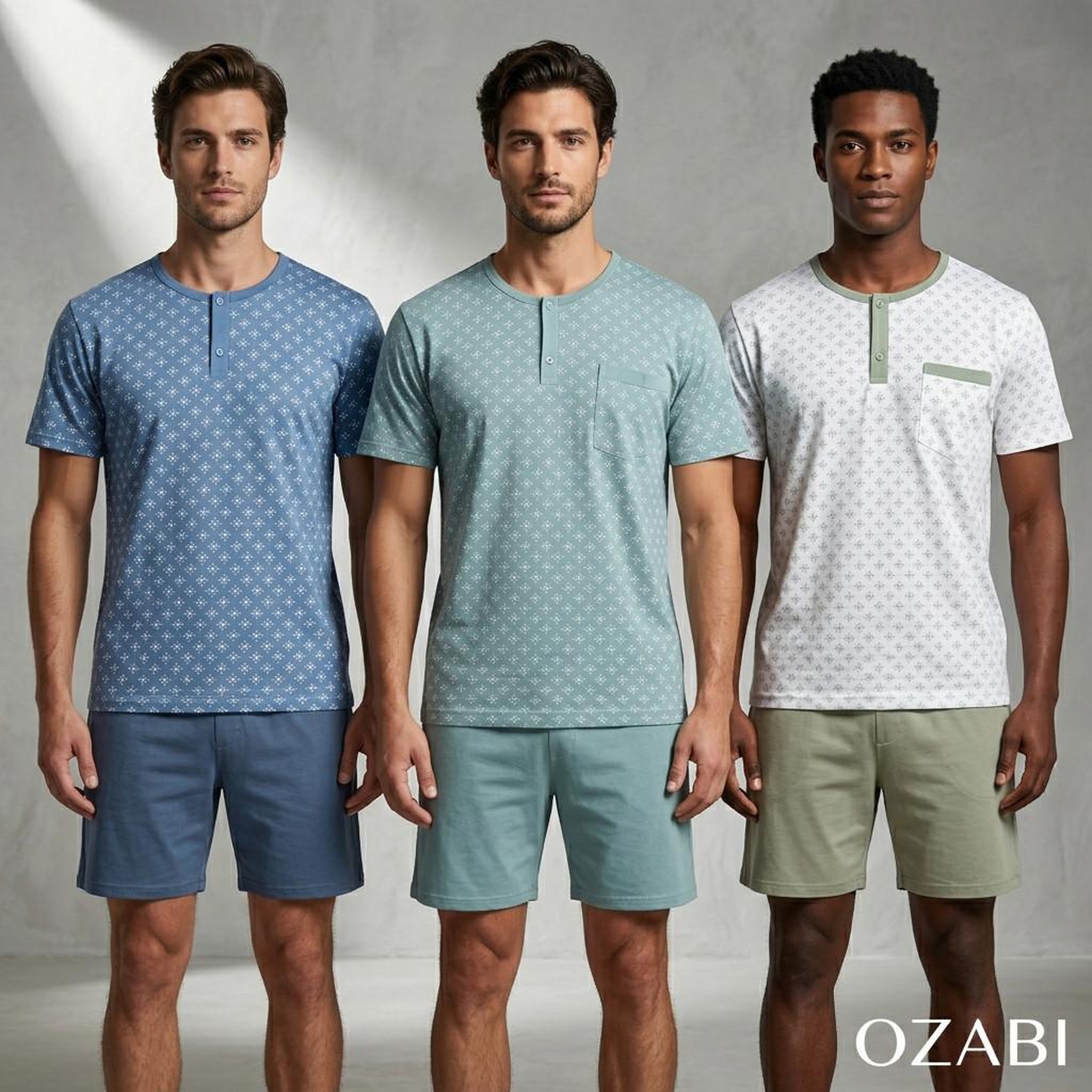 Voir la diapositive 2 : OZABI OZABI Pack 3 Pyjamas Courts Homme Coton Majoritaire, Col Bouton