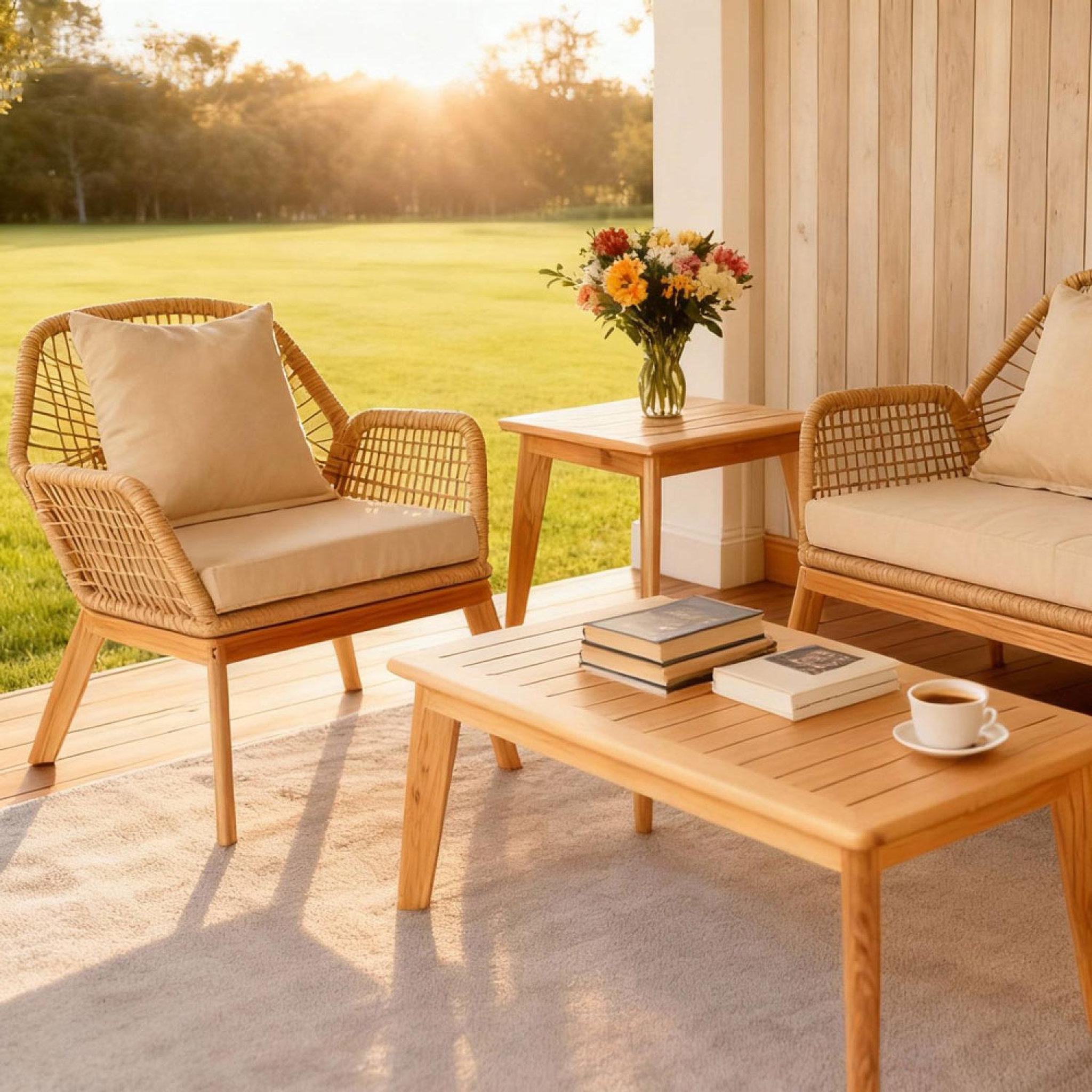 Voir la diapositive 4 : CONCEPT USINE Salon de jardin 4 places en bois avec 2 tables beige et bois rosario