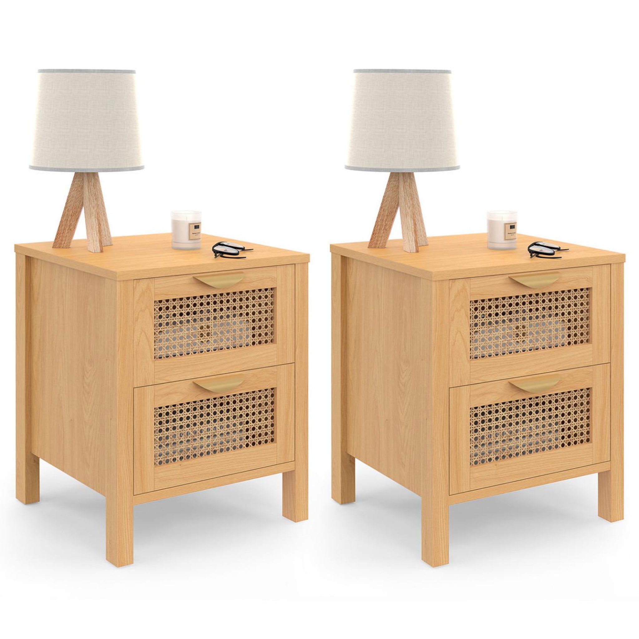 ID MARKET Lot de 2 tables de chevet edhen 2 tiroirs cannage et bois