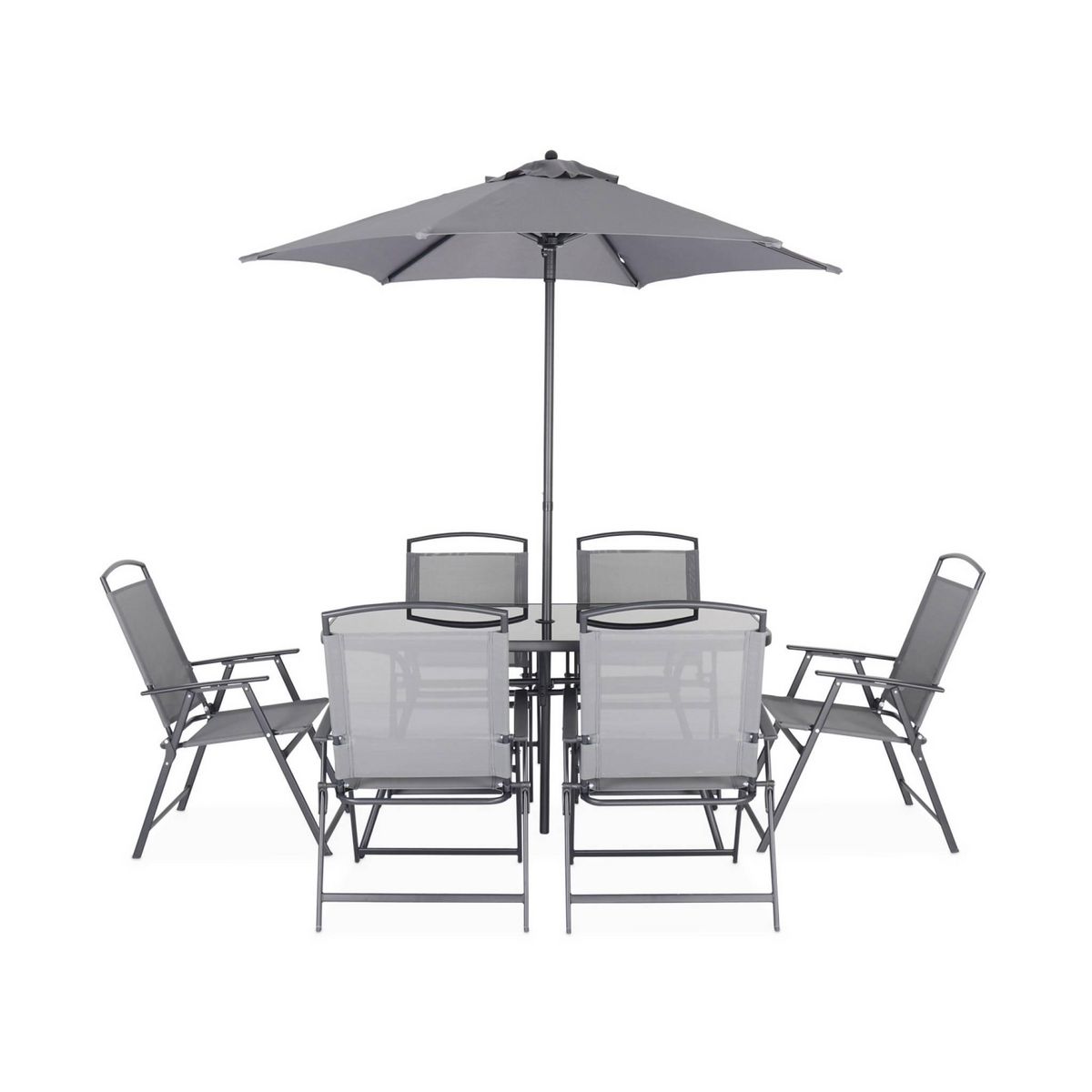 SWEEEK Table de jardin acier avec parasol + 6 assises. anthracite. structure acier avec revêtement anti rouille