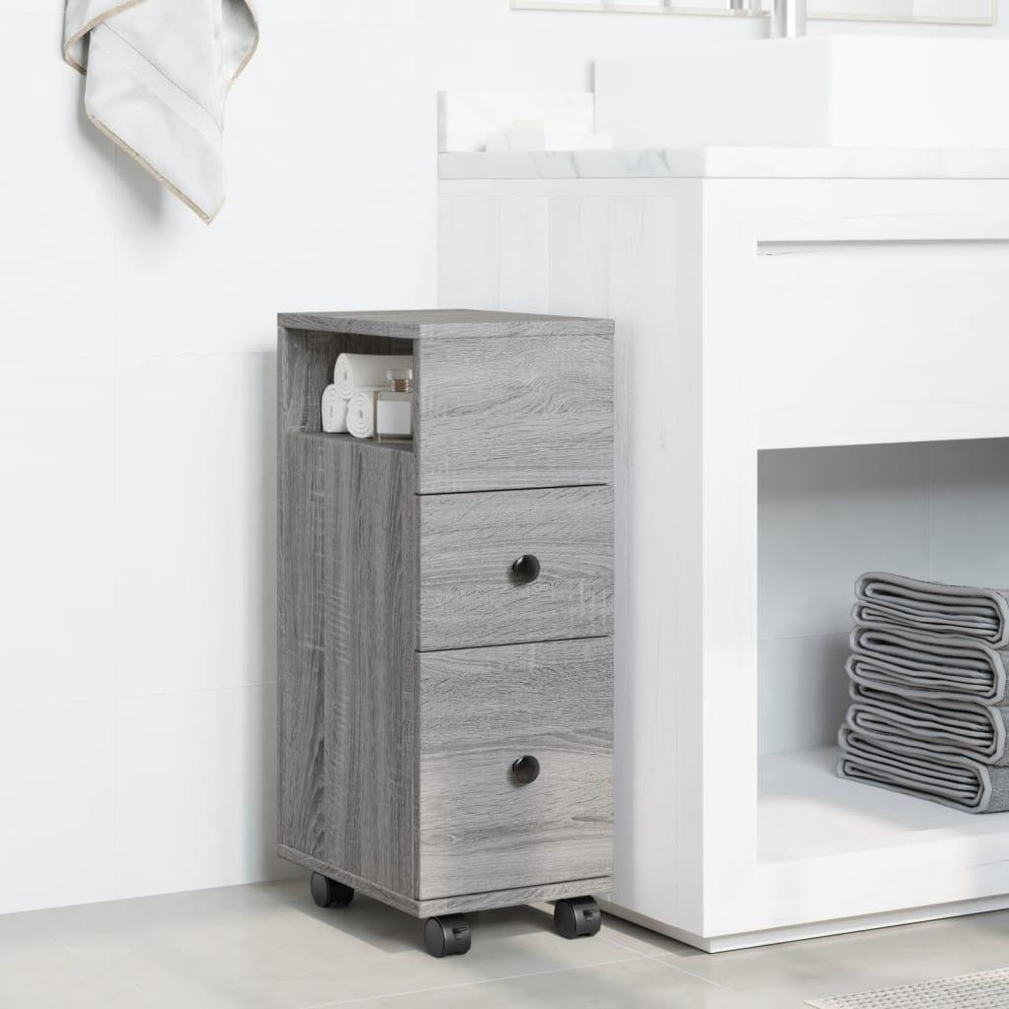 Voir la diapositive 3 : VIDAXL Meuble etroit de salle de bain a roulettes sonoma gris