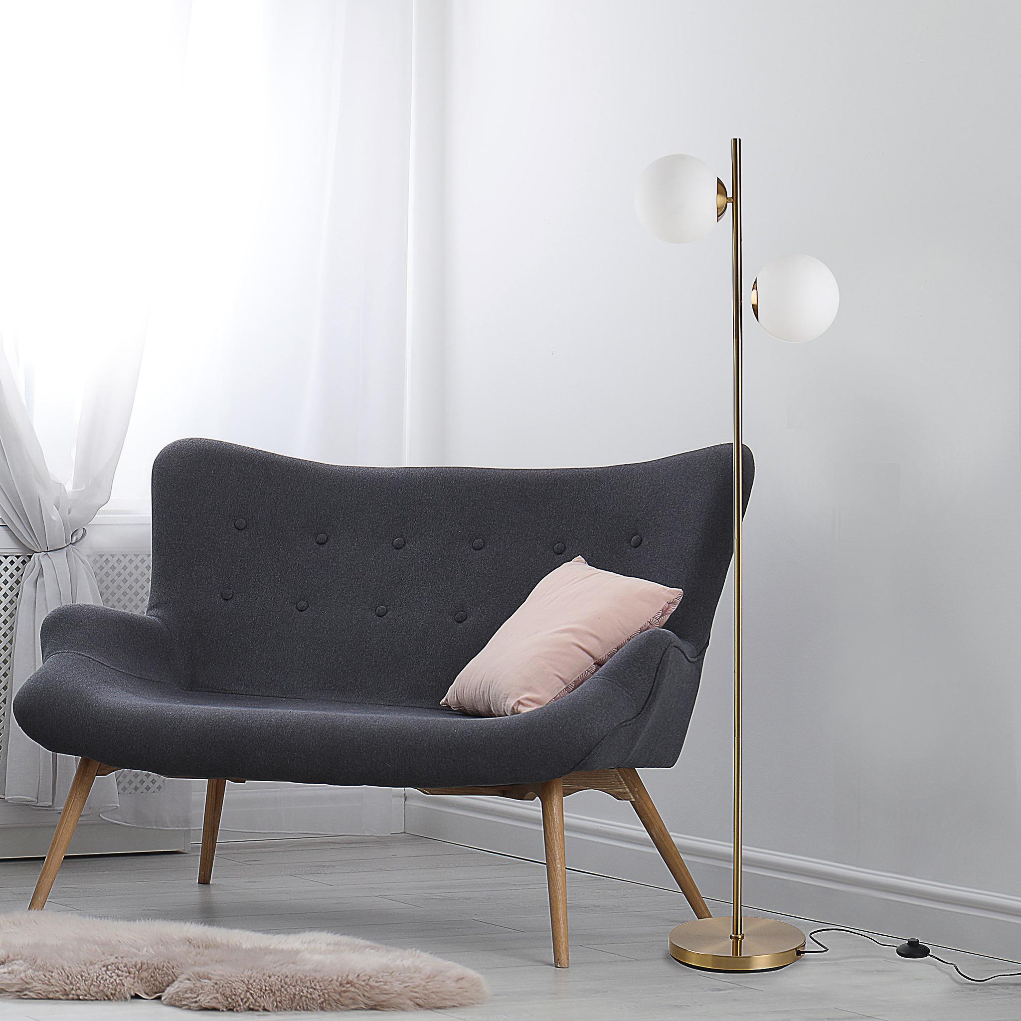 Voir la diapositive 2 : HOMCOM Lampadaire design néo-rétro 2 boules max. 40 W métal doré