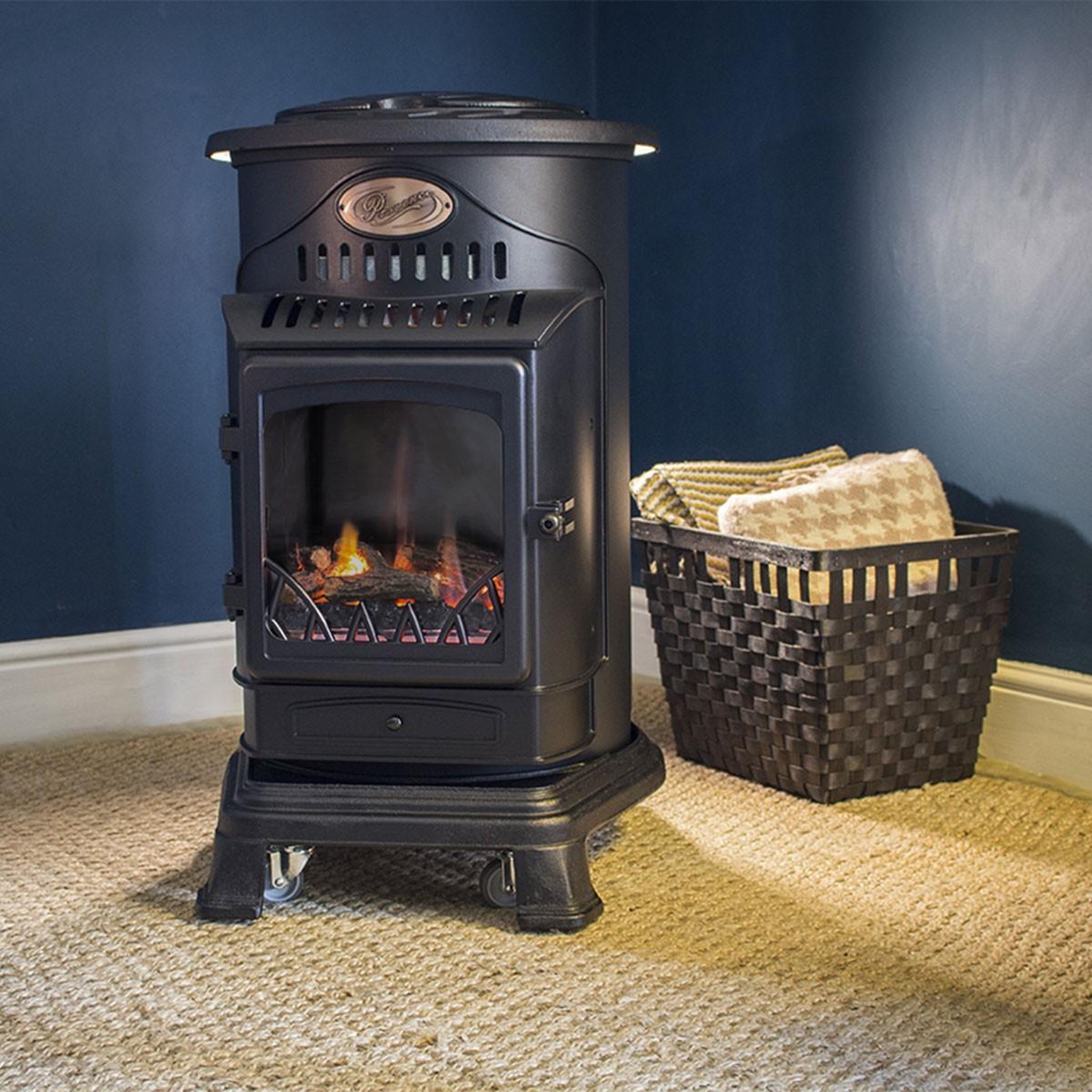 Voir la diapositive 2 : INTEC Pack de 2 Poêles à gaz Noir Provence en fonte 3,4KW Effet feu Chauffage d'appoint gaz sur roues