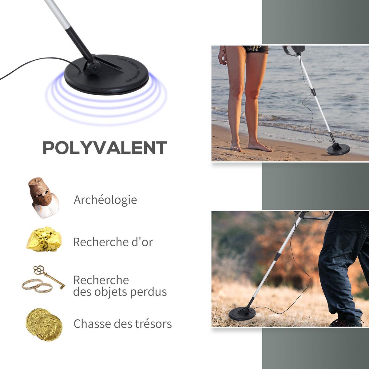 OUTSUNNY Détecteur de métaux - sensibilité, volume ajustable - bobine étanche, manche telescopique - alu. ABS noir