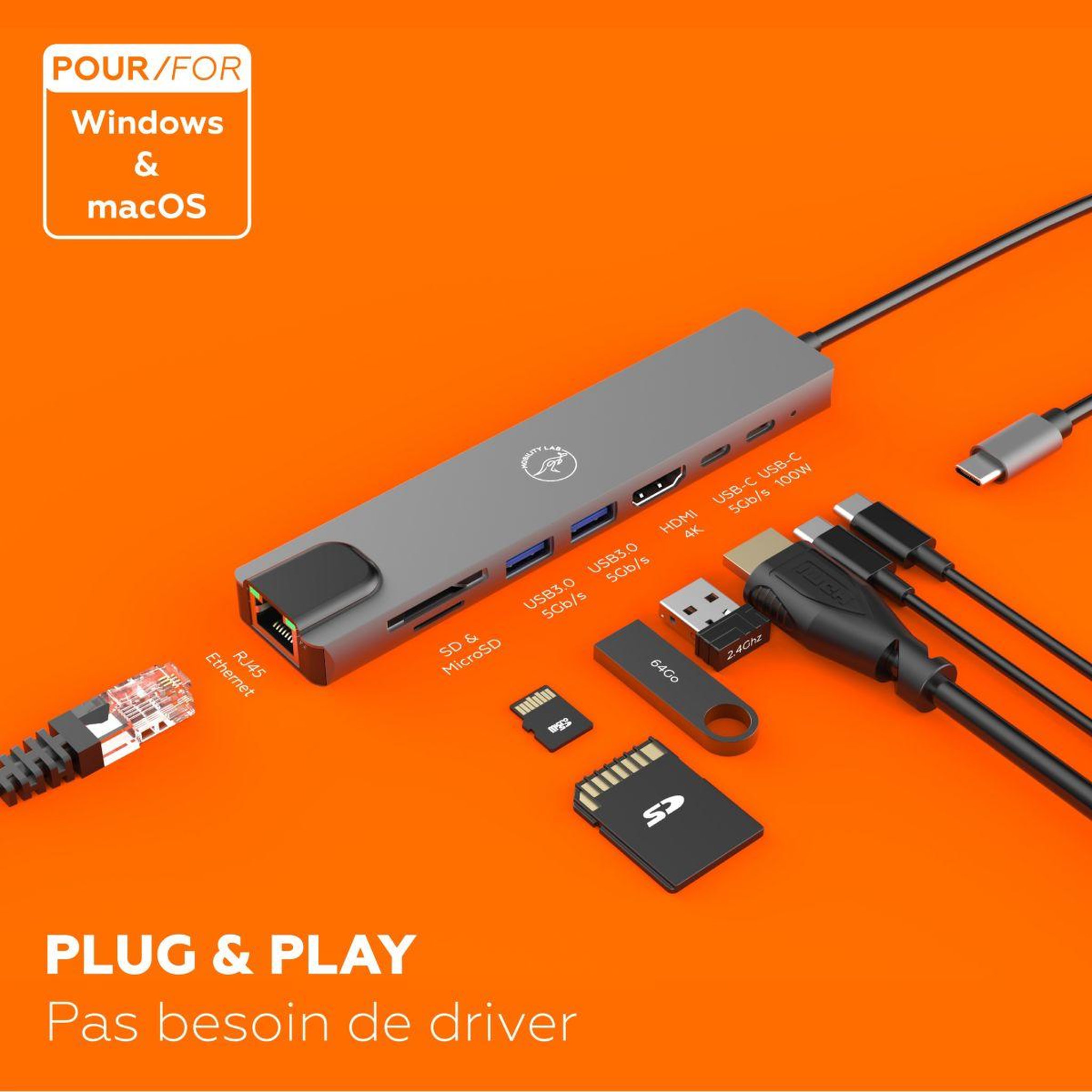 Voir la diapositive 4 : Mobility Lab Hub usb c usb-c 8 en 1 100w