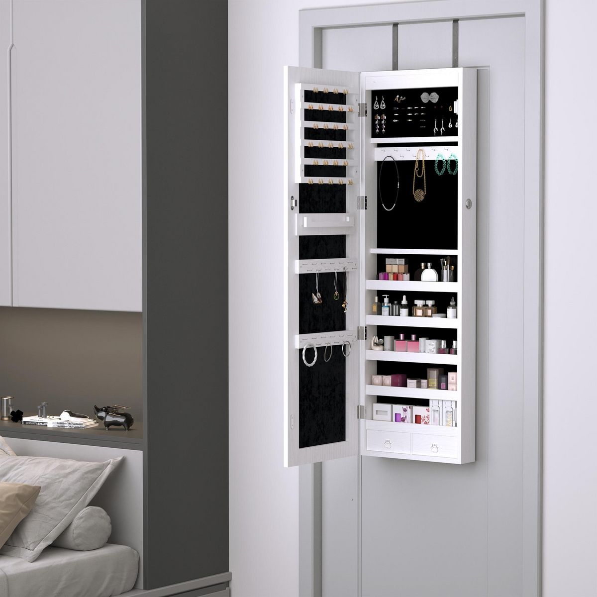 HOMCOM Armoire à bijoux miroir à suspendre 2 en 1 - éclairage LED intérieur, verrouillable, multi-rangement - blanc