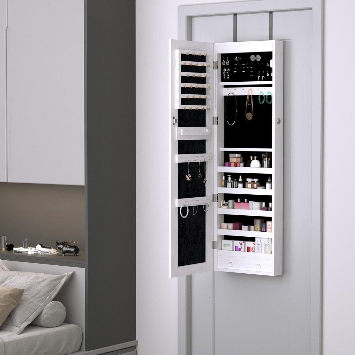 HOMCOM Armoire à bijoux miroir à suspendre 2 en 1 - éclairage LED intérieur, verrouillable, multi-rangement - blanc