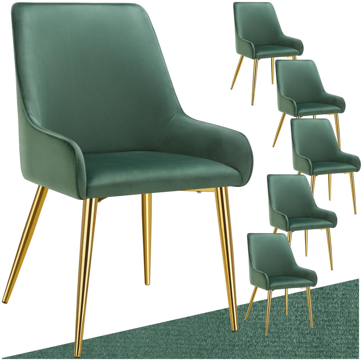 tectake Chaise rembourrée en velours rembourré vert Lot de 6