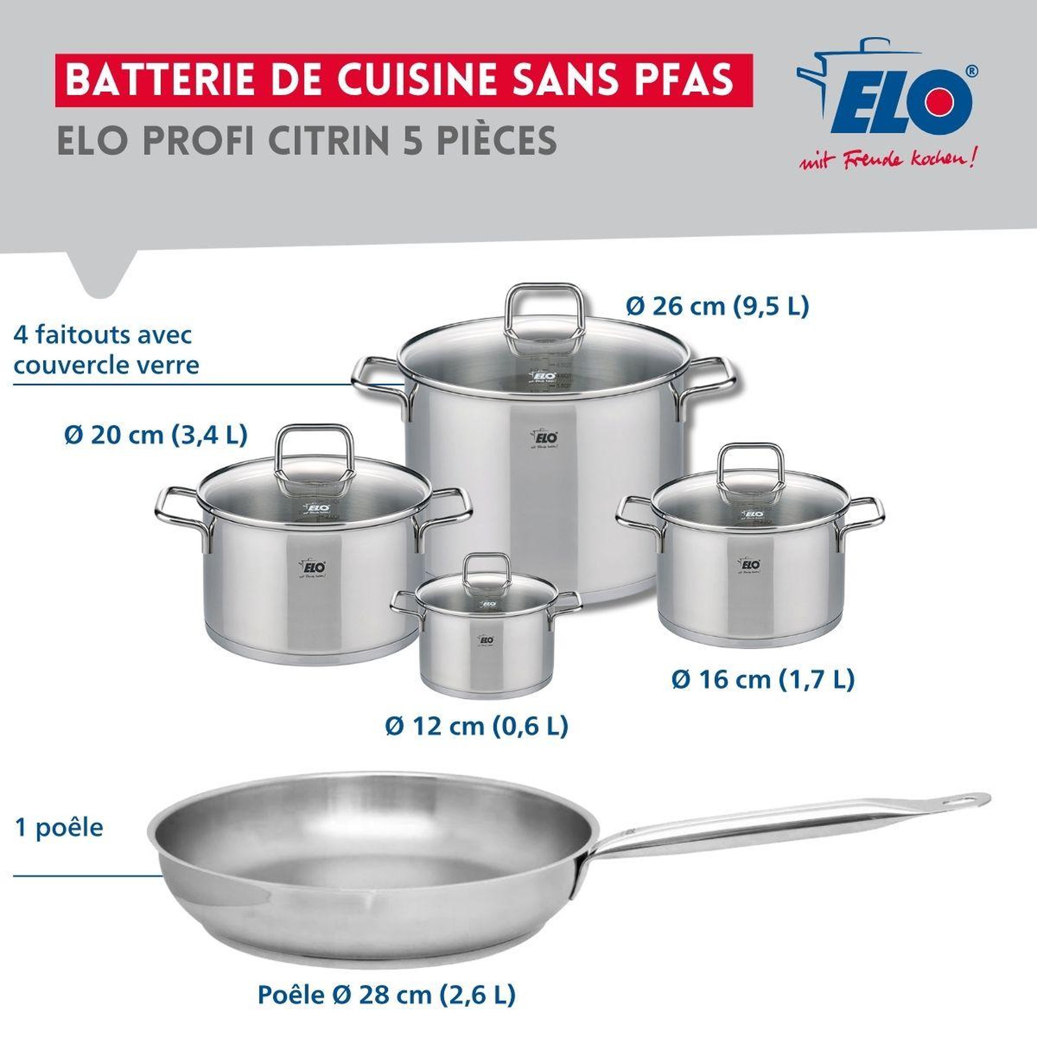 Voir la diapositive 2 : ELO Ensemble de 1 poêle de cuisson 28 cm et 4 faitouts 12, 16, 20 et 26 cm elo profi citrin