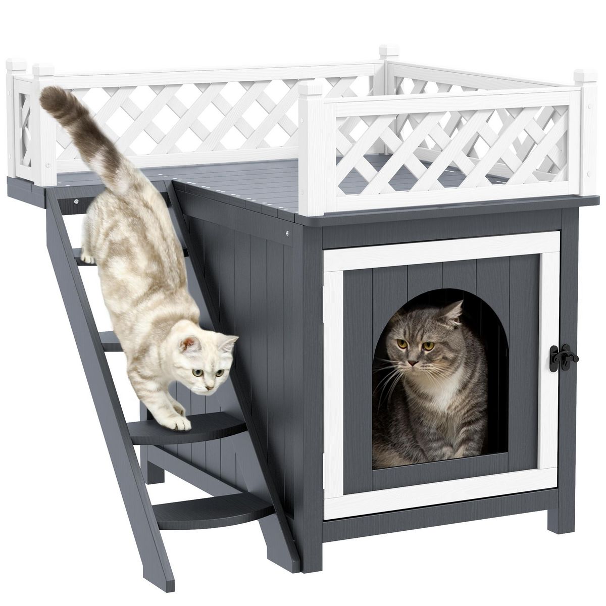 PAWHUT Maison niche chat sur pied - 2 niveaux, porte loquet, terrasse, escalier - bois gris blanc