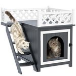 PAWHUT Maison niche chat sur pied - 2 niveaux, porte loquet, terrasse, escalier - bois gris blanc