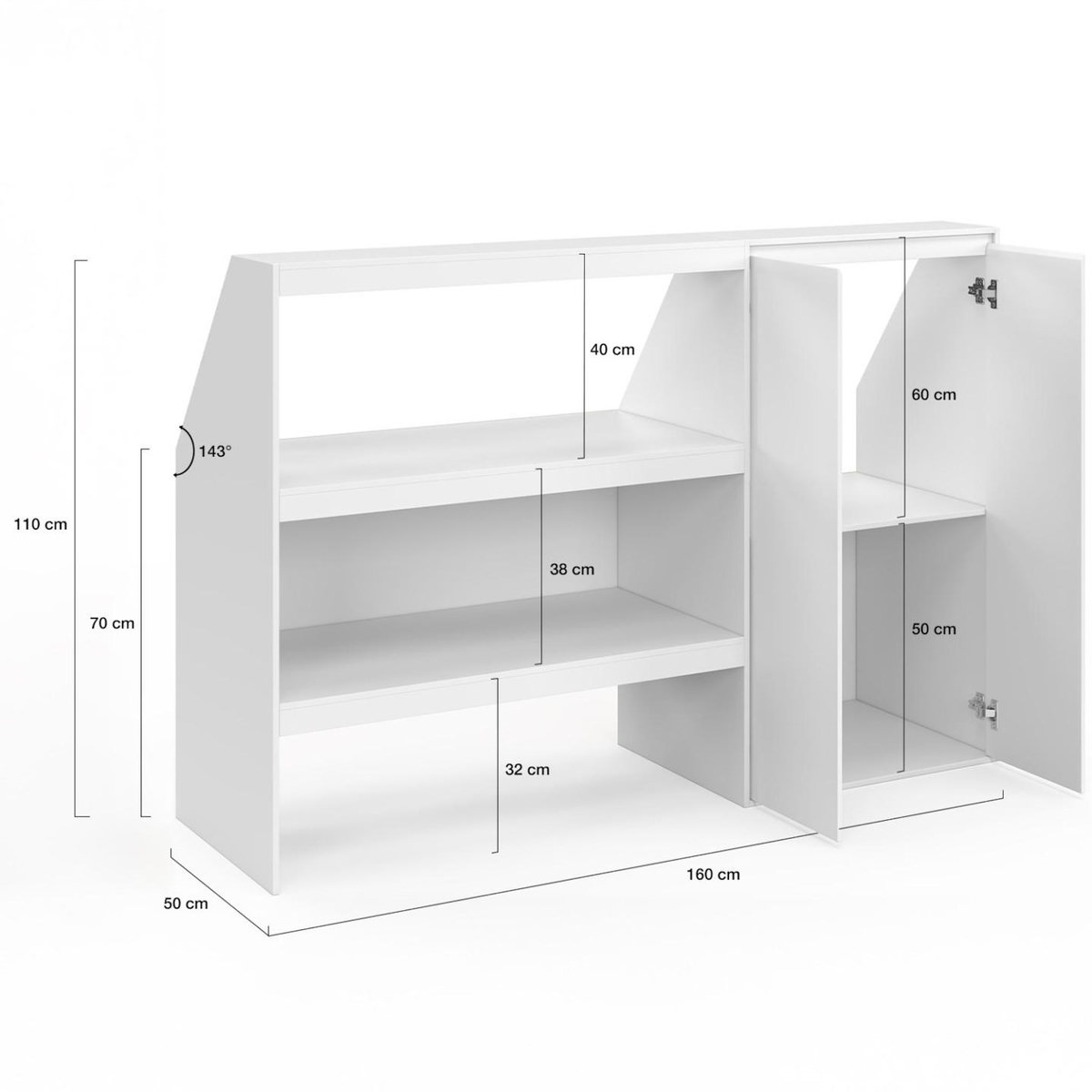 ID MARKET Ensemble étagère 2 niveaux + armoire 2 portes sous pente TOMI blanc