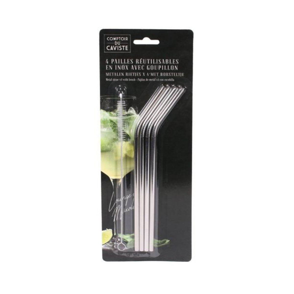 Paris Prix Lot de 4 Pailles & Goupillon  Cocktail  21cm Argent