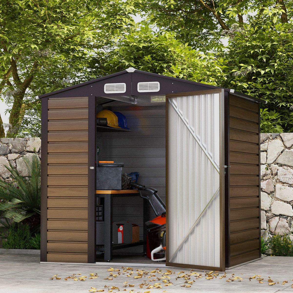 OUTSUNNY Abri de jardin cabanon dim. 190L x 131l x 188H cm porte verrouillable ventilations tôle acier ondulé marron