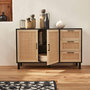 Voir la diapositive 5 : SWEEEK Buffet noir et cannage 120 x 40 x 75cm - Bianca - 3 tiroirs. 2 portes. 2 niveaux. 1 étagère. buffet bas