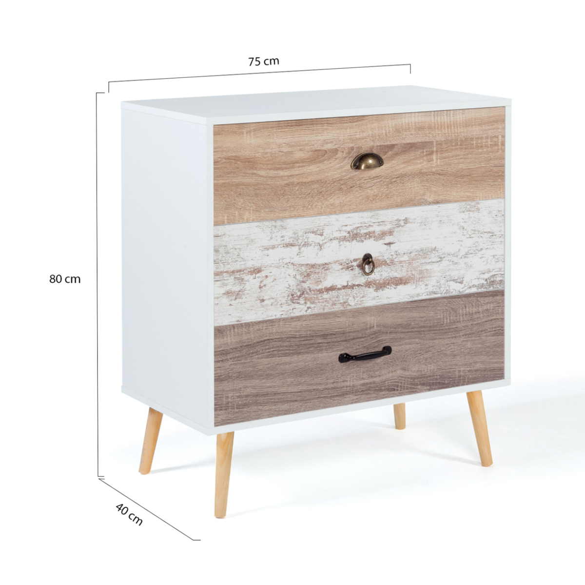 ID MARKET Commode 3 tiroirs BAHIA 75 cm scandinave