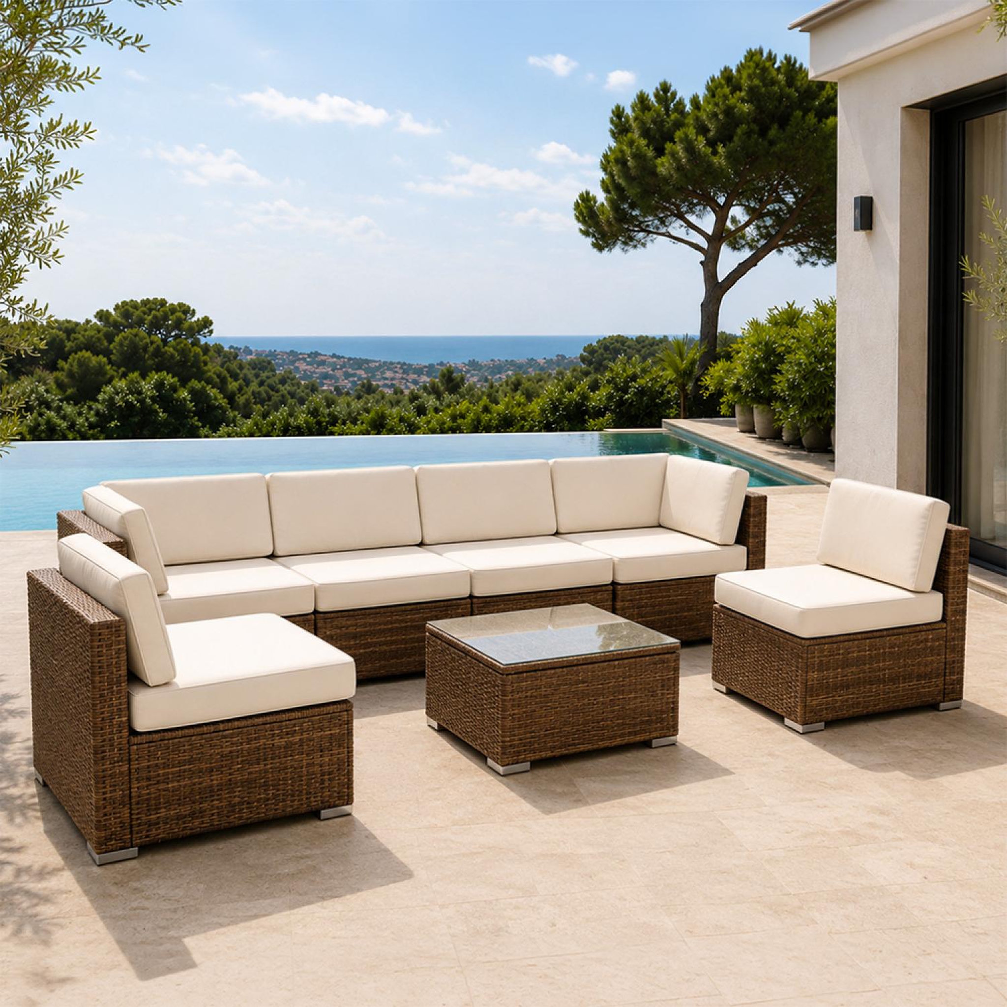 Voir la diapositive 2 : CONCEPT USINE Salon de jardin 6 places modulable en résine tressée marron et beige qamea