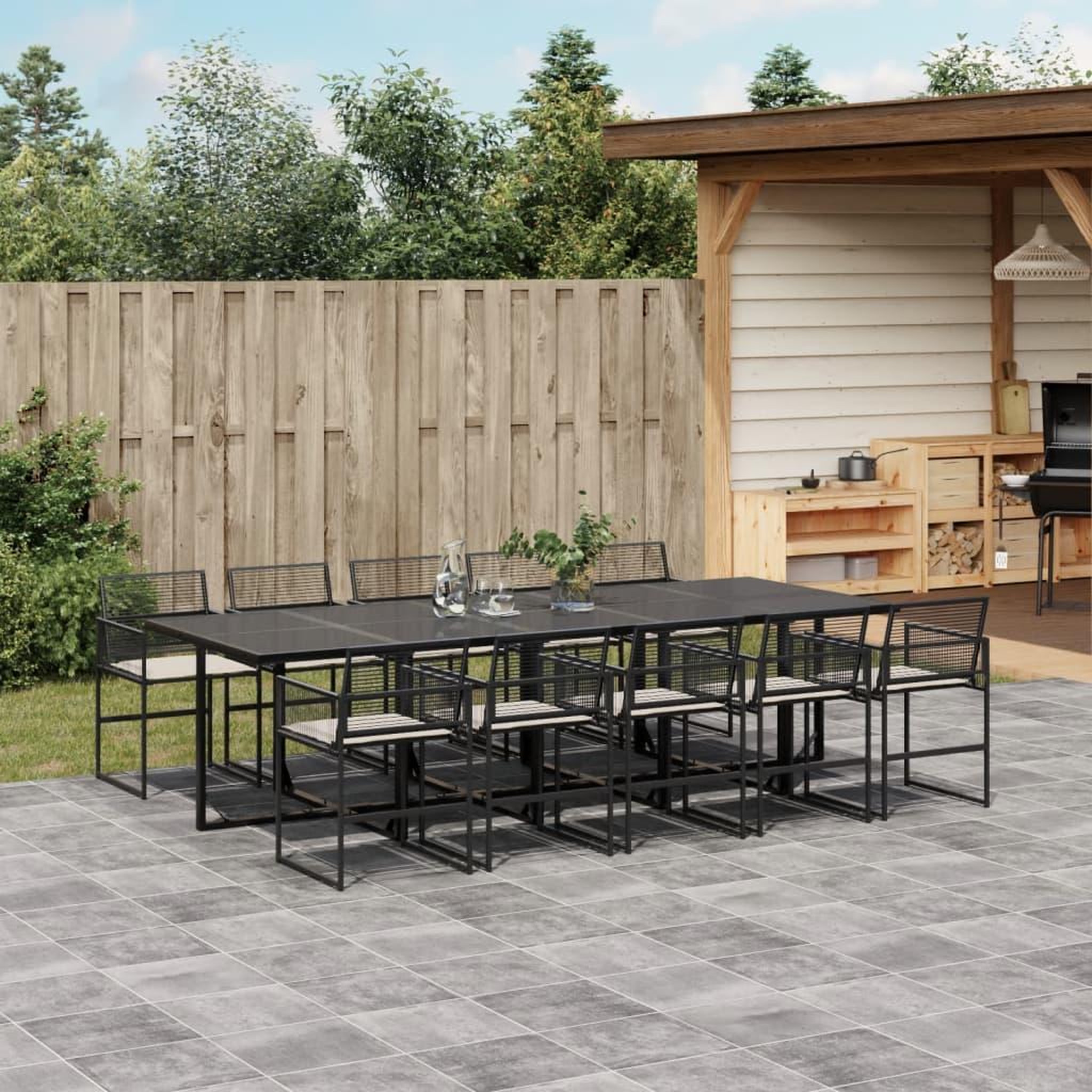 VIDAXL Ensemble a manger de jardin 11 pcs coussins noir resine tressee