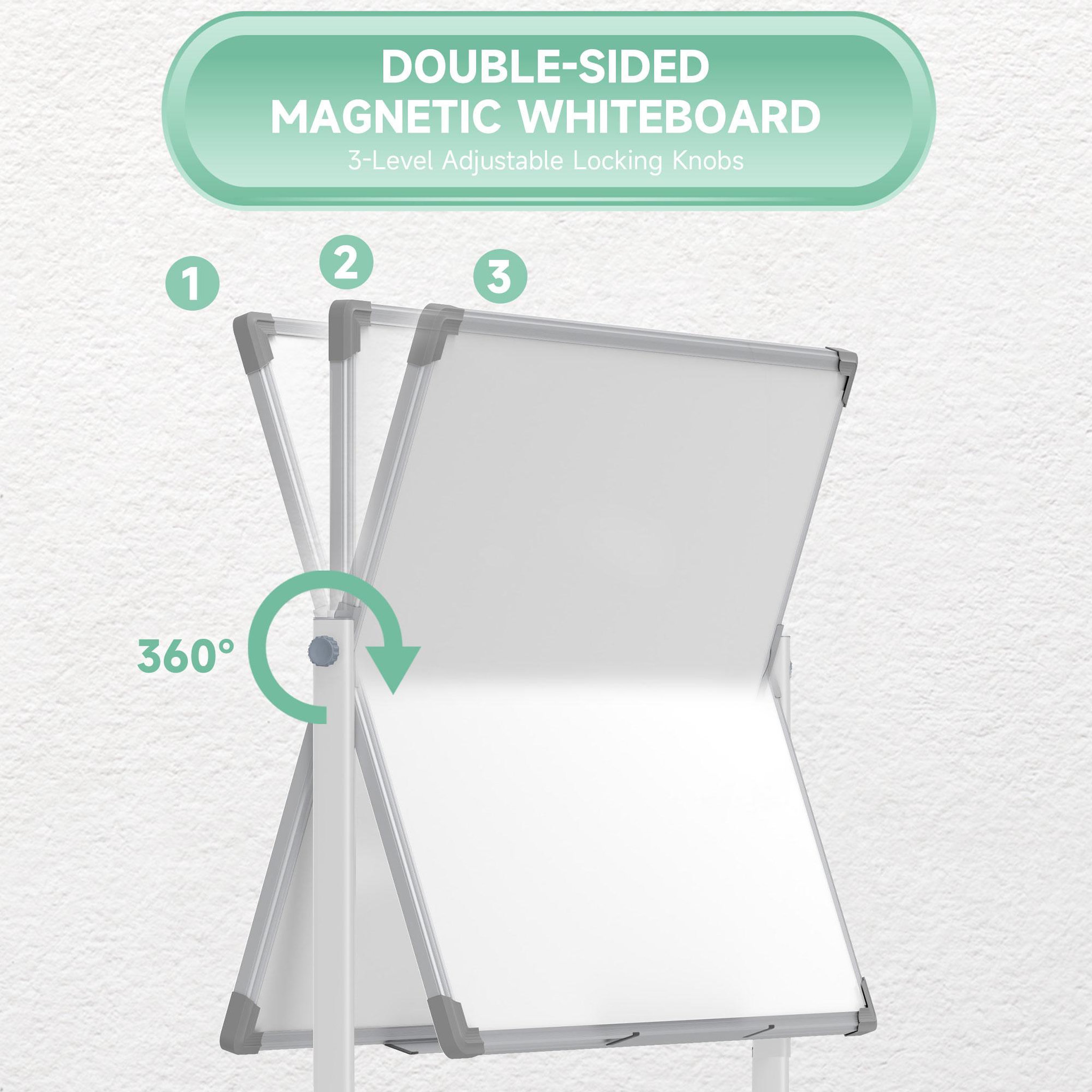 Voir la diapositive 5 : HOMCOM Tableau blanc magnétique sur roulettes double face - tableau rotatif avec étagère - nombreux accessoires inclus
