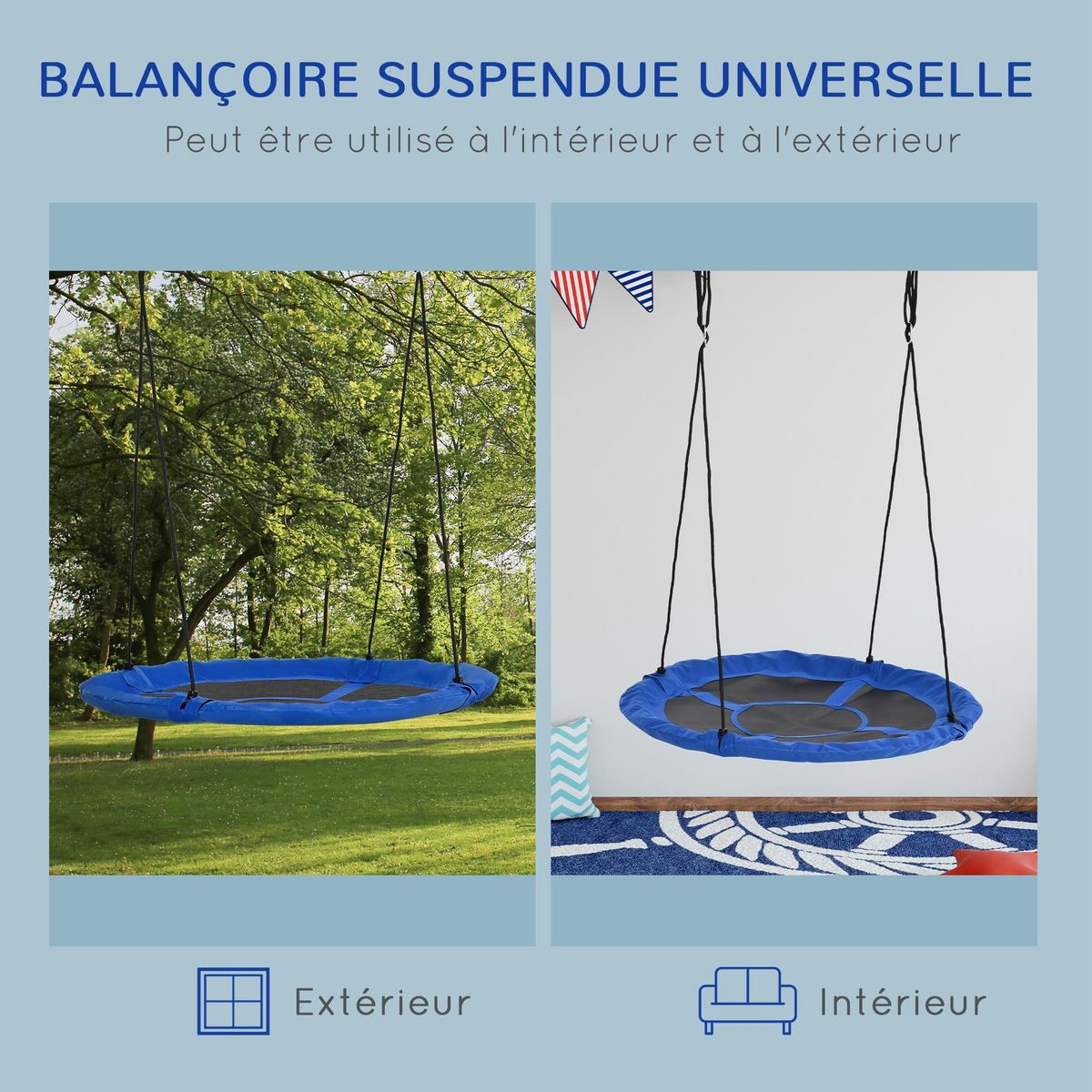 OUTSUNNY Balançoire nid d'oiseau ronde Ø 110 cm 4 anneaux inclus bleu