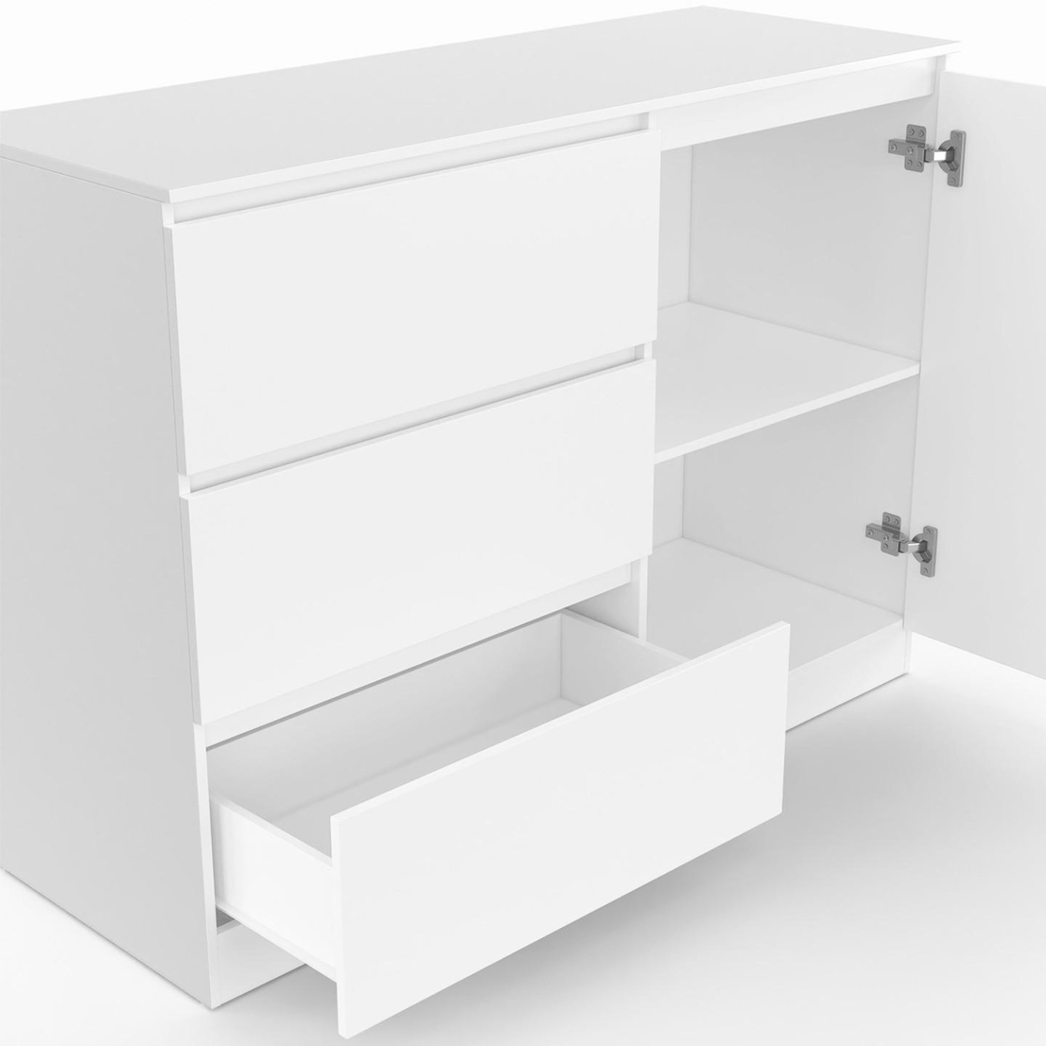 Voir la diapositive 6 : ID MARKET Commode 3 tiroirs + 1 porte tomi 110 cm bois blanc