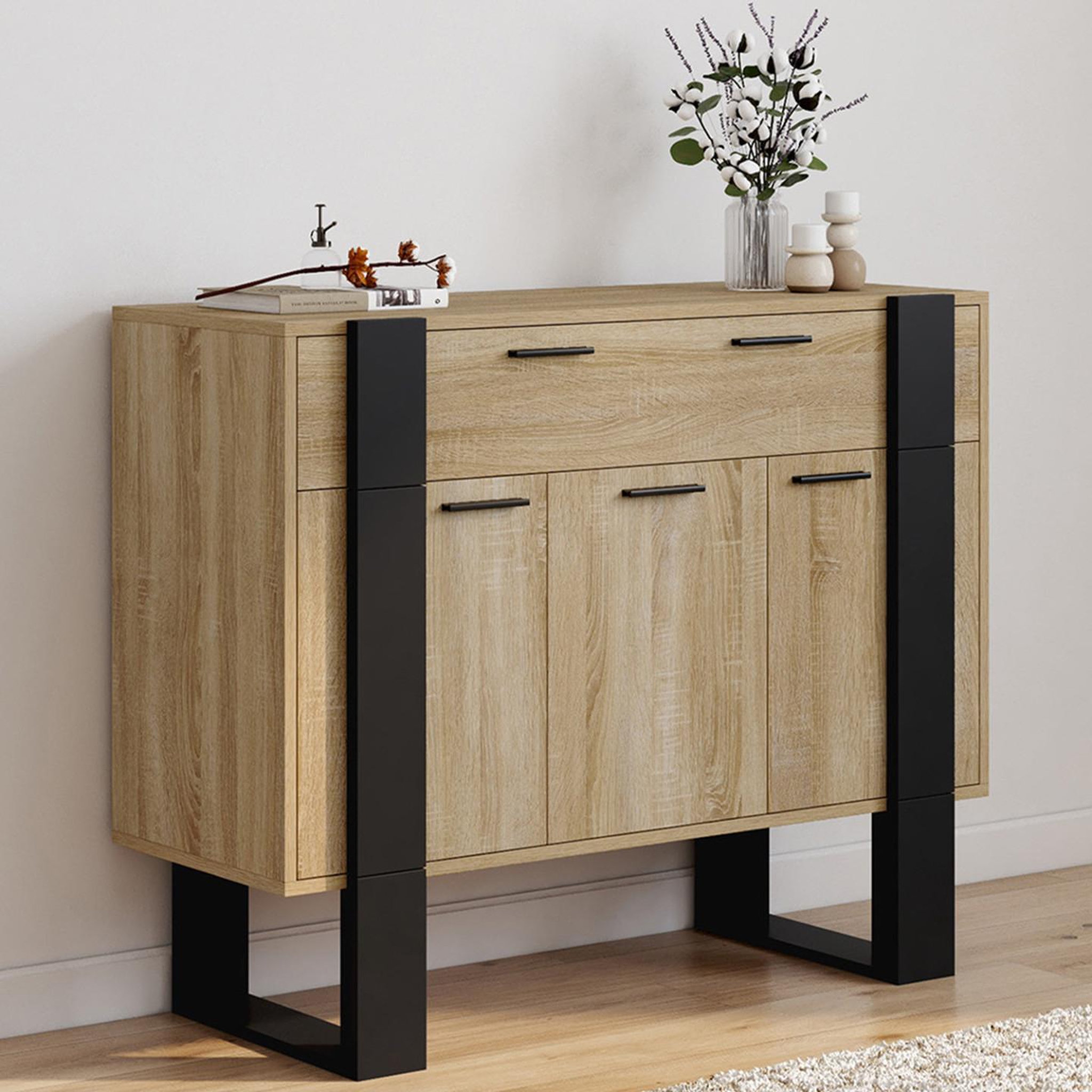 Voir la diapositive 2 : ID MARKET Buffet 100 cm phoenix 3 portes et 1 tiroir bois et noir