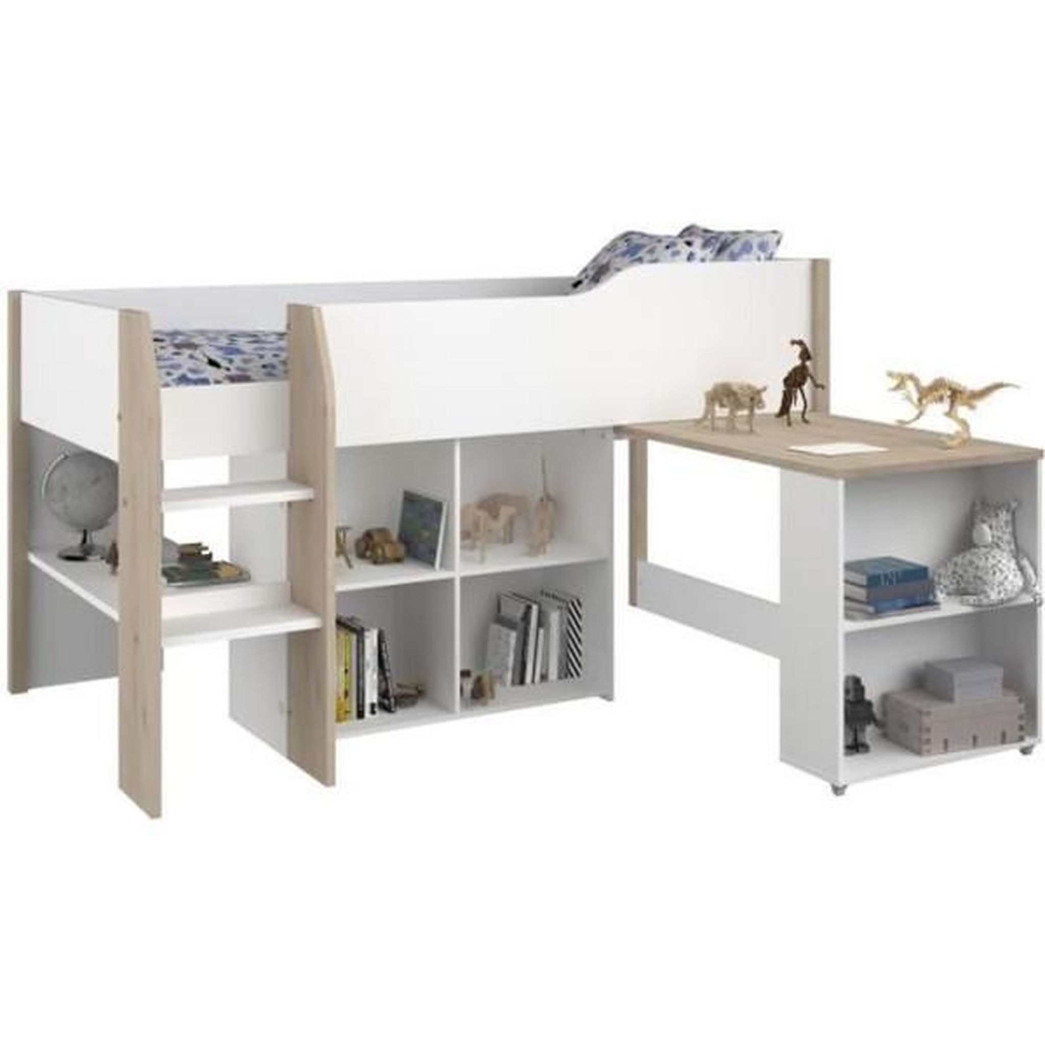 Voir la diapositive 1 : PARISOT Lit combiné enfant avec bureau rétractable - PARISOT - LIAM - Blanc et chene - Sommier inclus - 90x200 cm