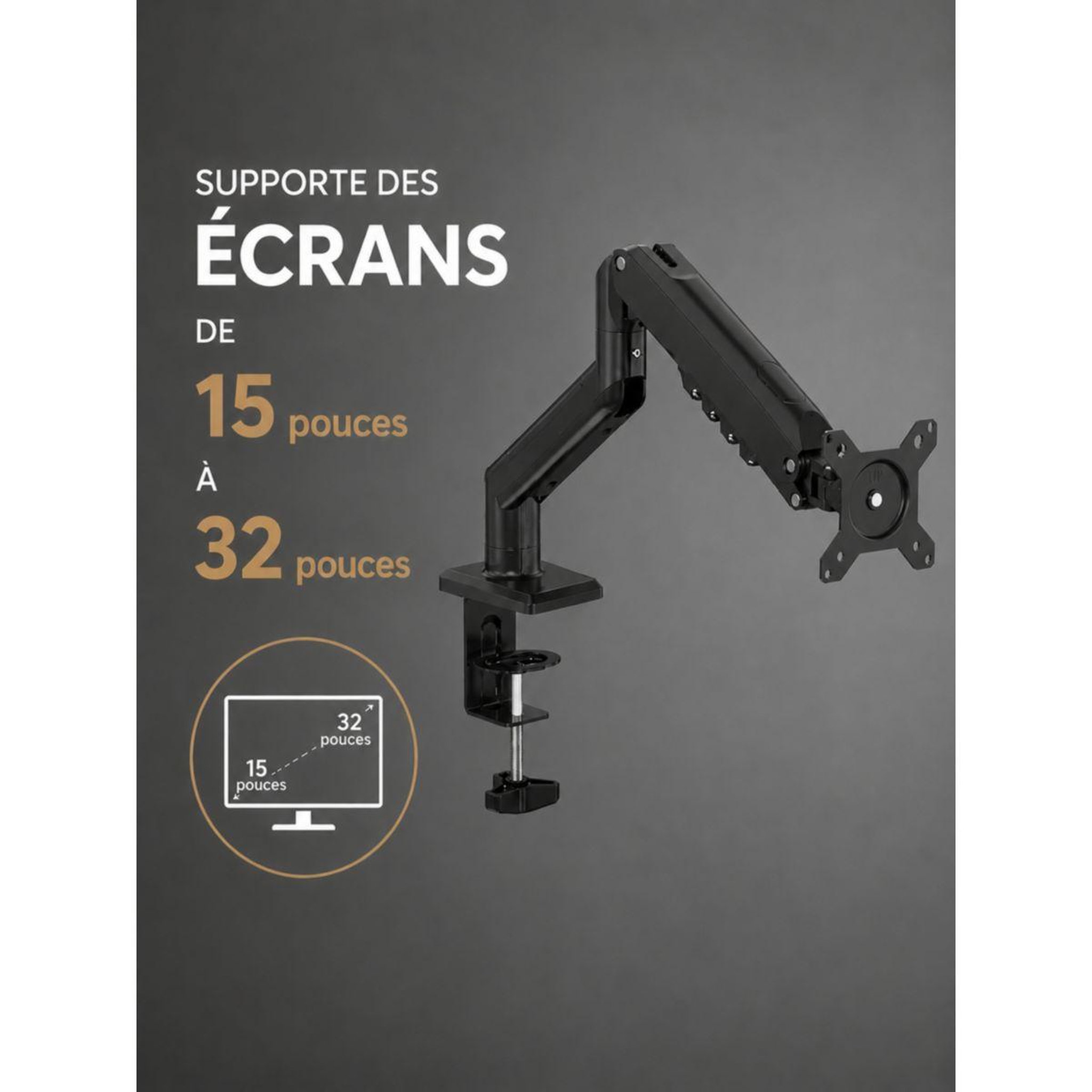 Voir la diapositive 4 : ESSENTIEL B Bras support moniteur simple de 15'' à 32''